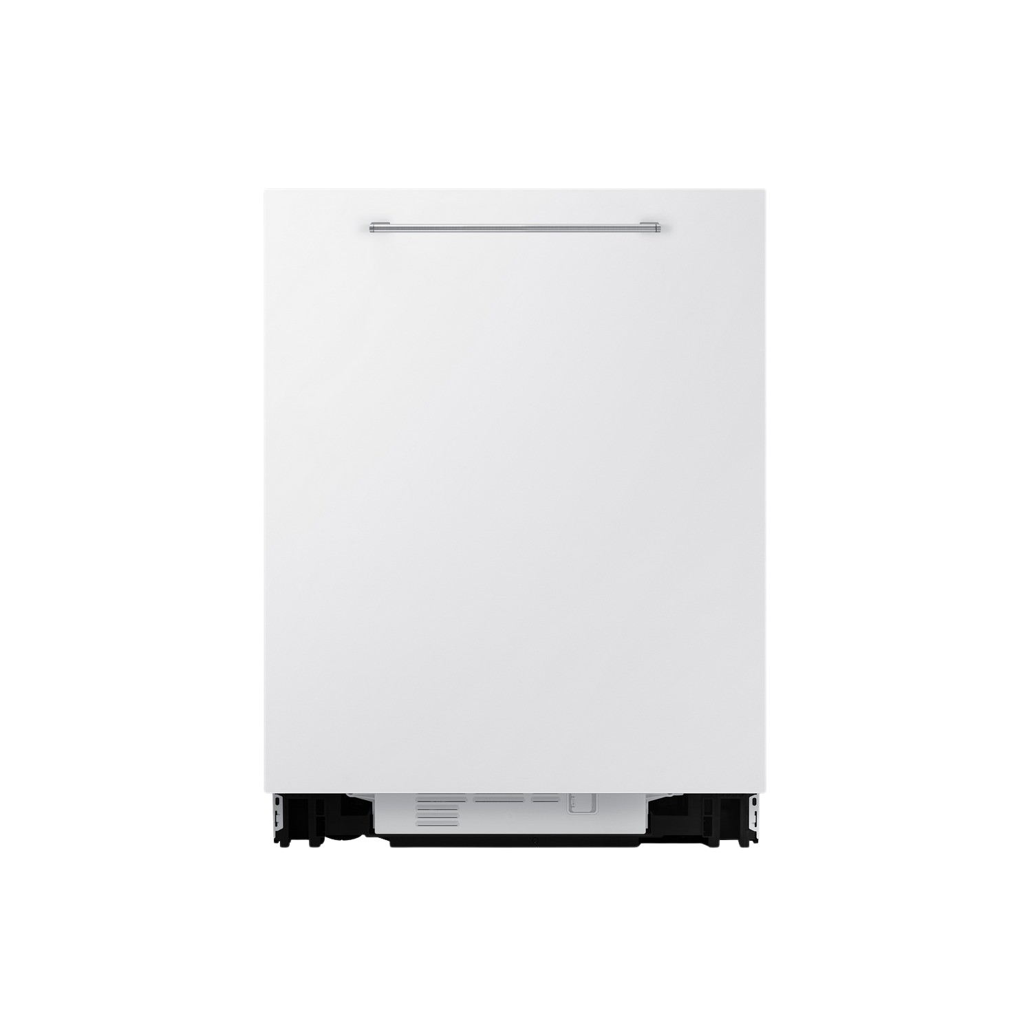 A white dishwasher against a black background. It has a silver handle and a vent at the bottom.
