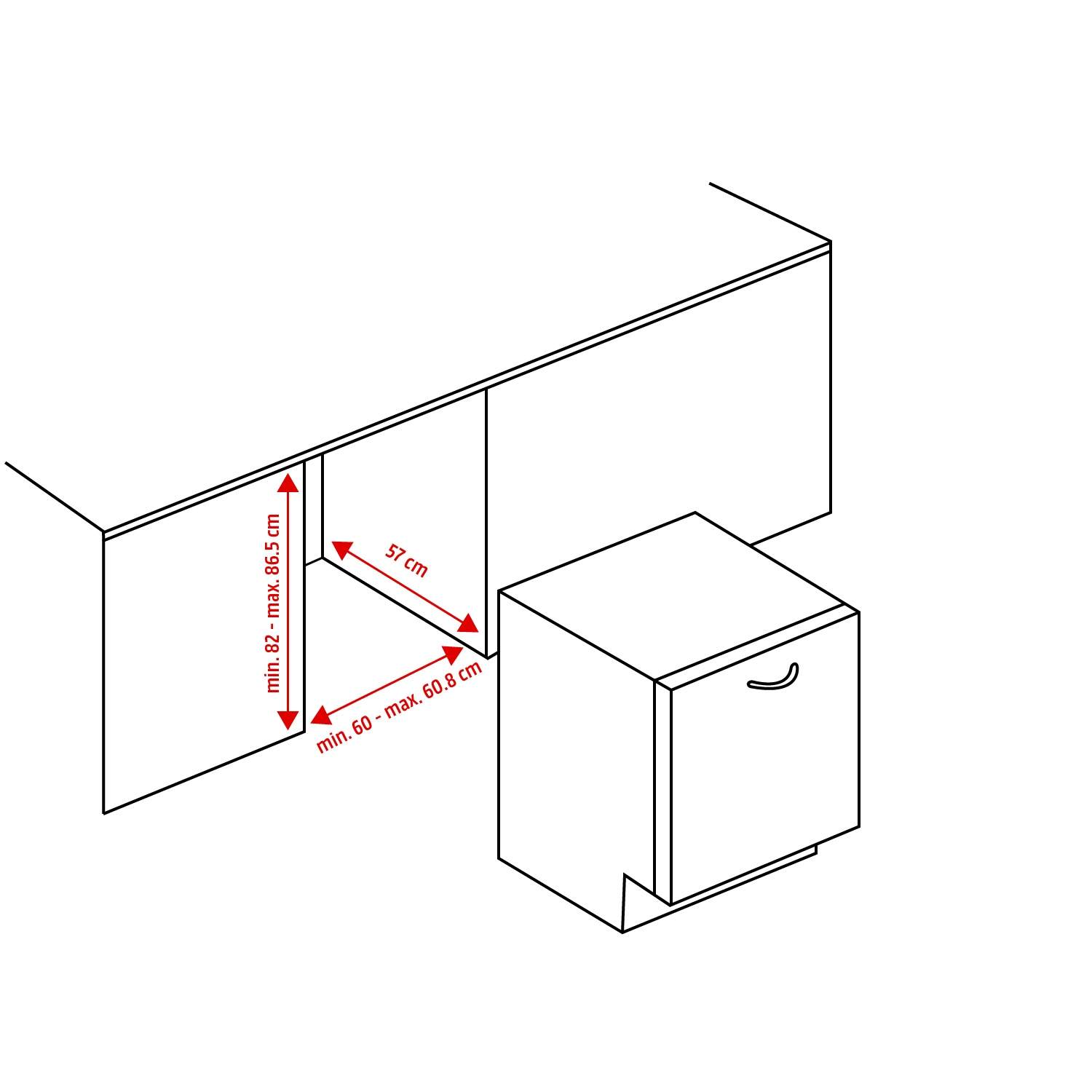 Diagram of a dishwasher installation. Dimensions are indicated: min. 82 - max. 86.5 cm, 57 cm, min. 60 - max. 60.8 cm.