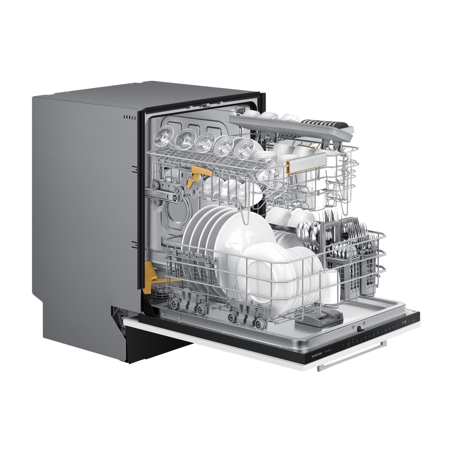 A dishwasher with the door open, filled with dishes, glasses, and cutlery. Stainless steel interior with yellow and gray accents. Black background.