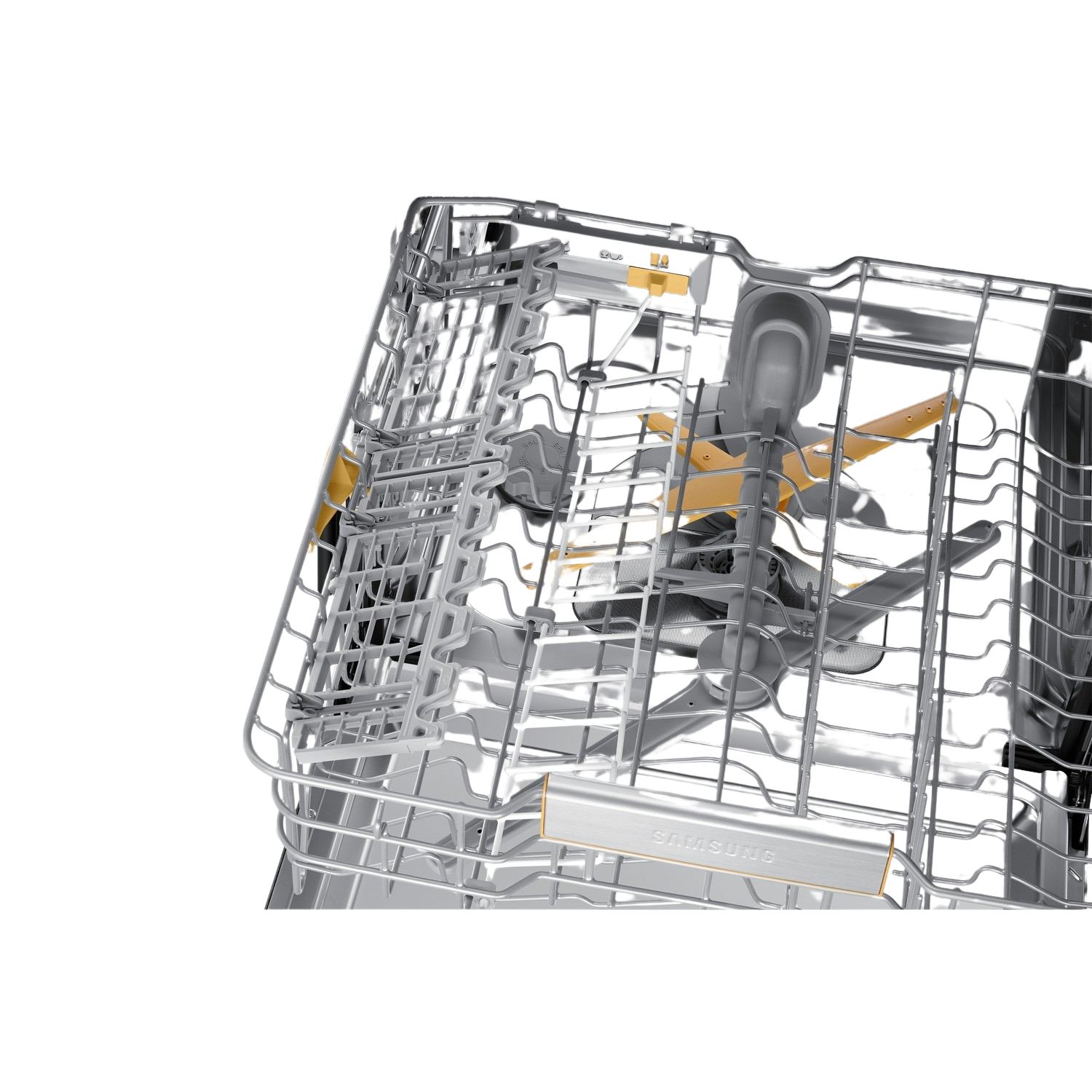 A close-up of a dishwasher interior. The silver rack is visible, with yellow and gray components. The Samsung logo is at the bottom.