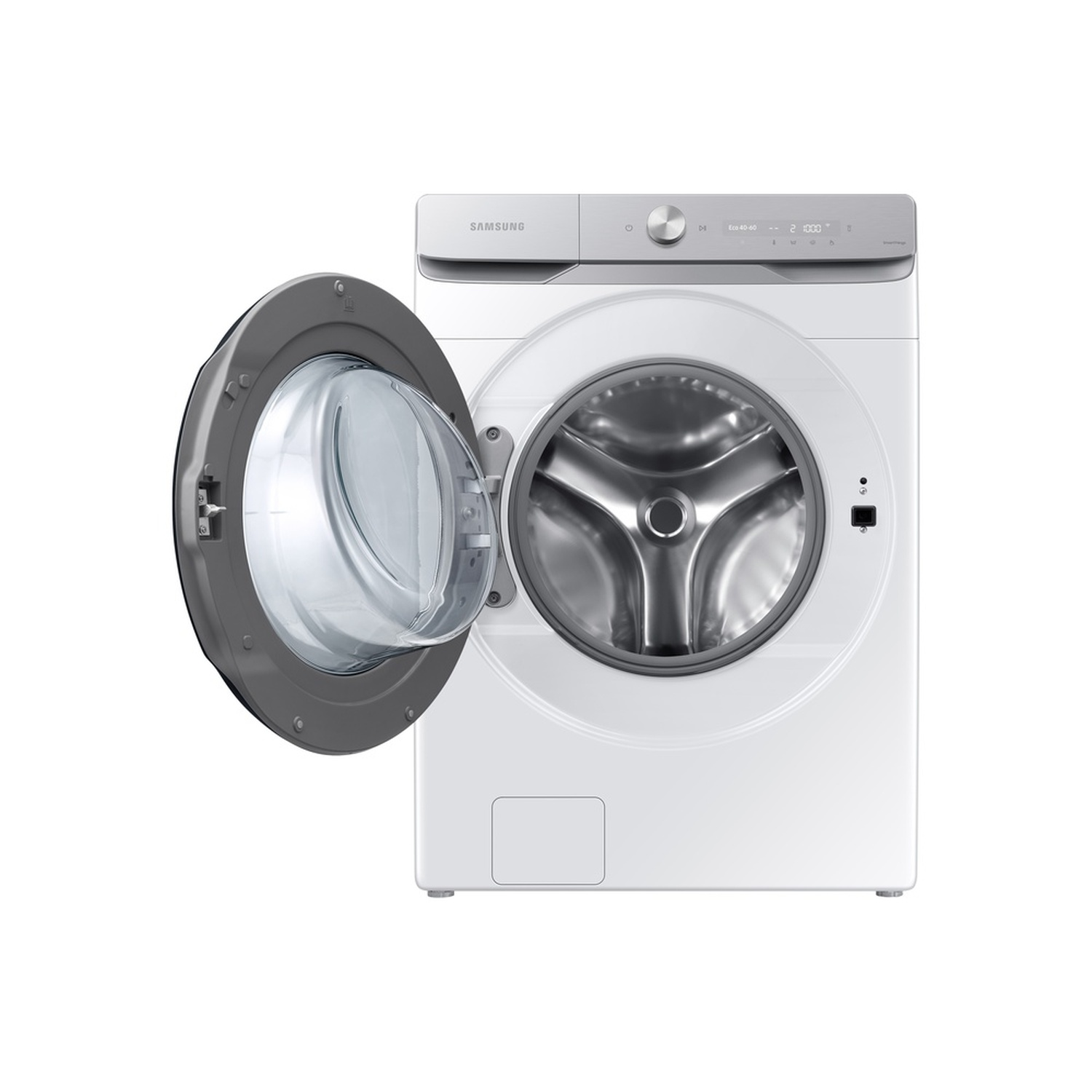 A white Samsung washing machine with the door open. The door has a gray frame and a clear glass. The interior is silver.