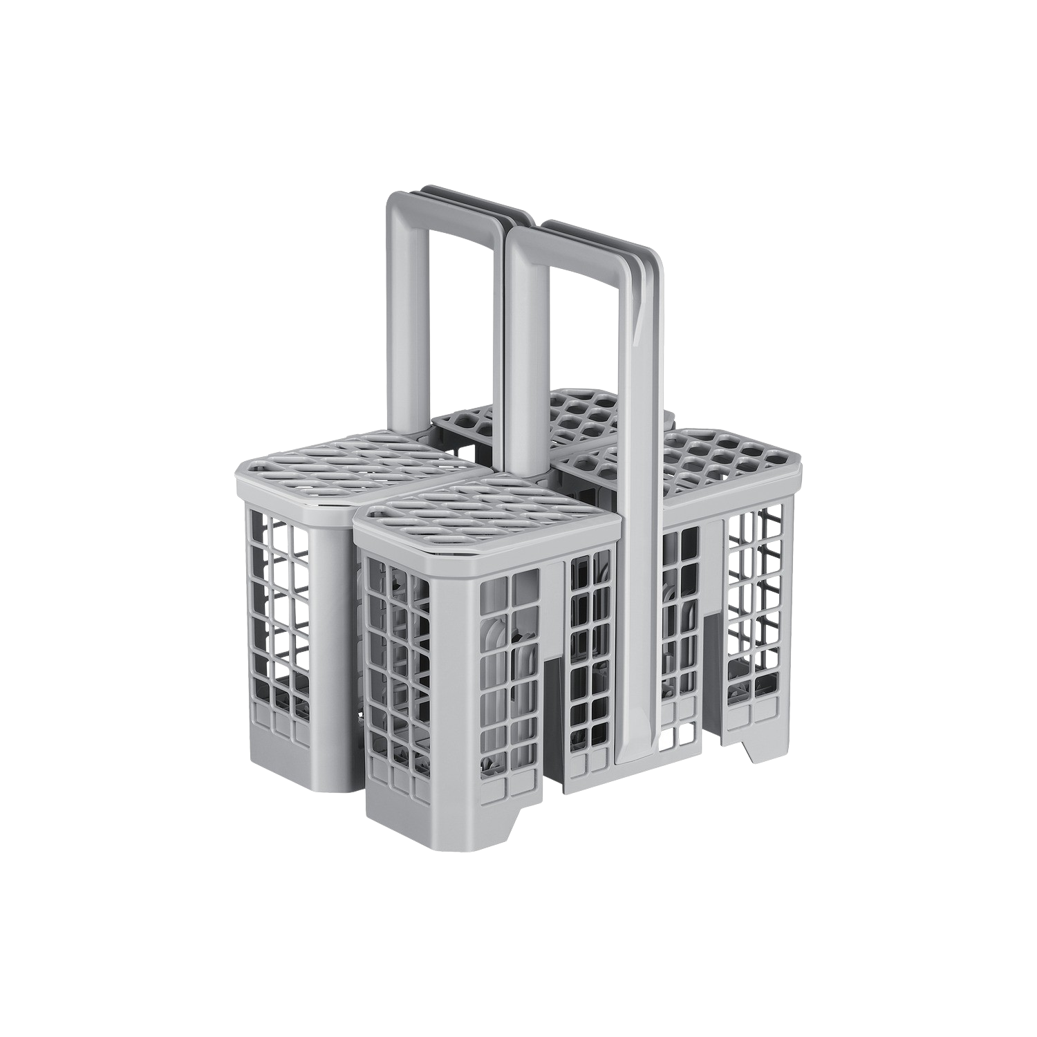 A light gray dishwasher cutlery basket with four compartments and two handles, against a black background.
