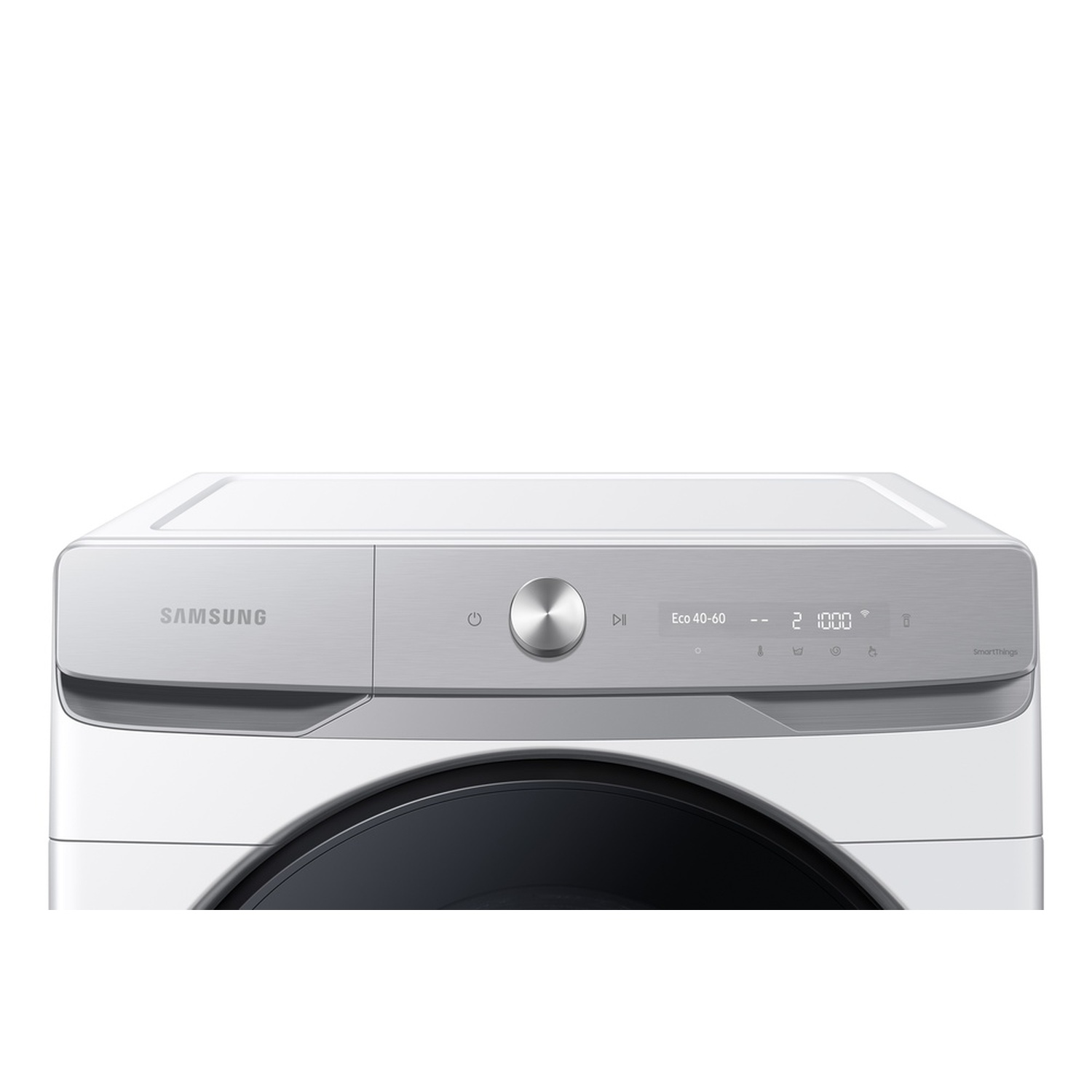 A white Samsung washing machine, silver control panel with buttons and display, and a black door. The top is white.