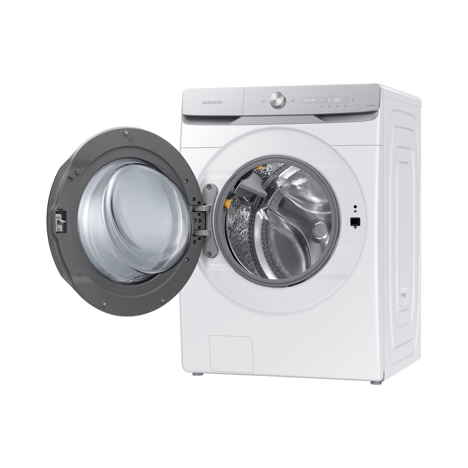 A white Samsung washing machine with an open door. The gray door rim and inside are visible. The control panel is at the top.