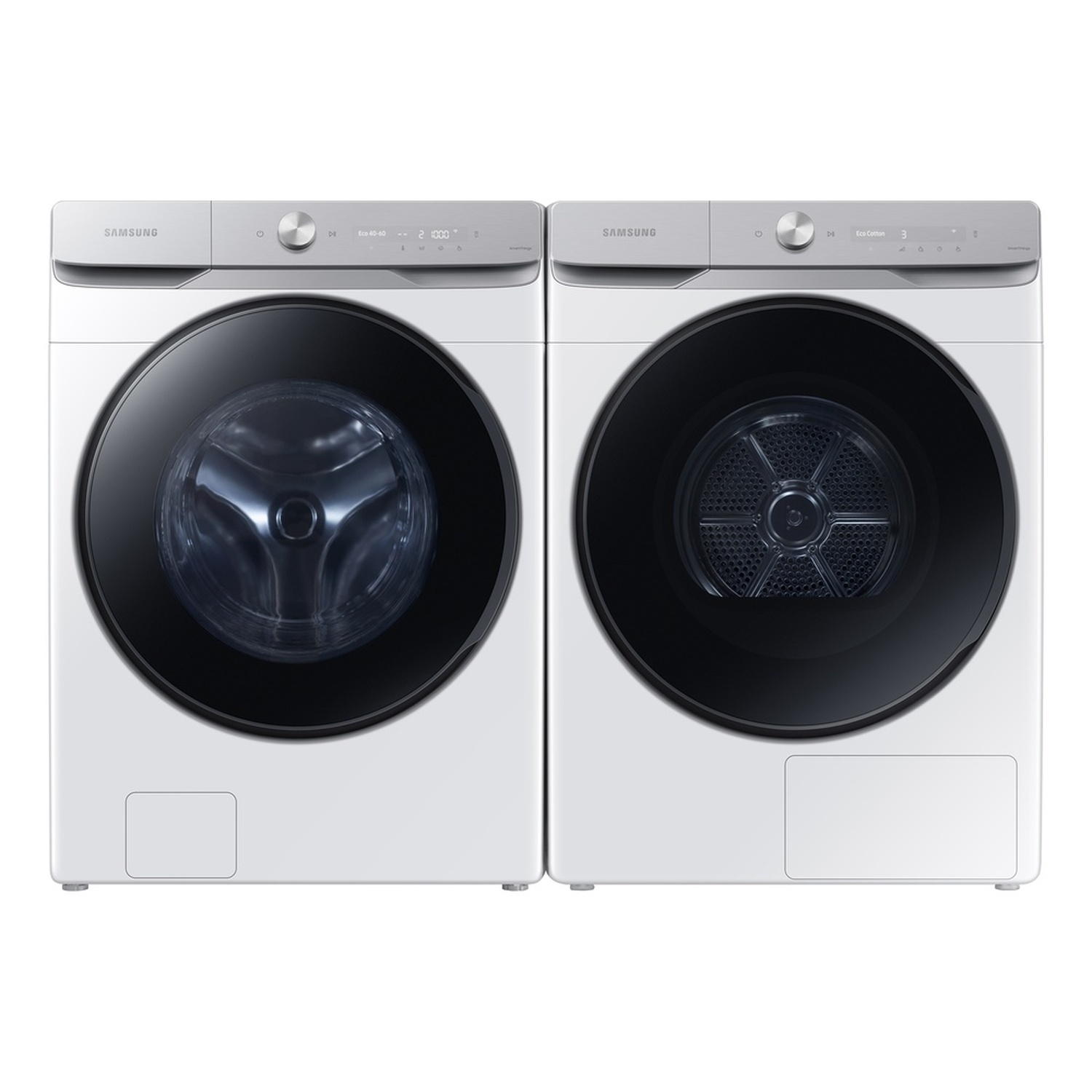 Two white Samsung washing machines side by side. One closed, one open. Both have silver tops and black doors.