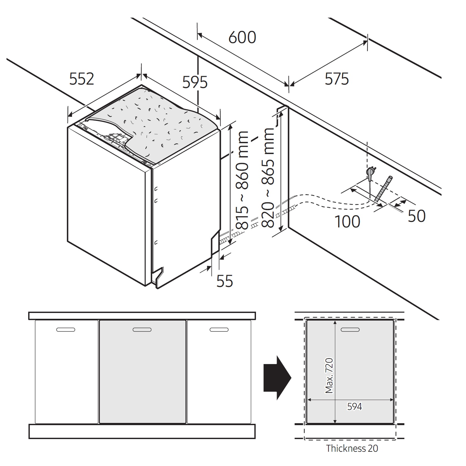 Diagram of a dishwasher installation, showing dimensions and cabinet integration. Includes measurements and a cabinet cutout.