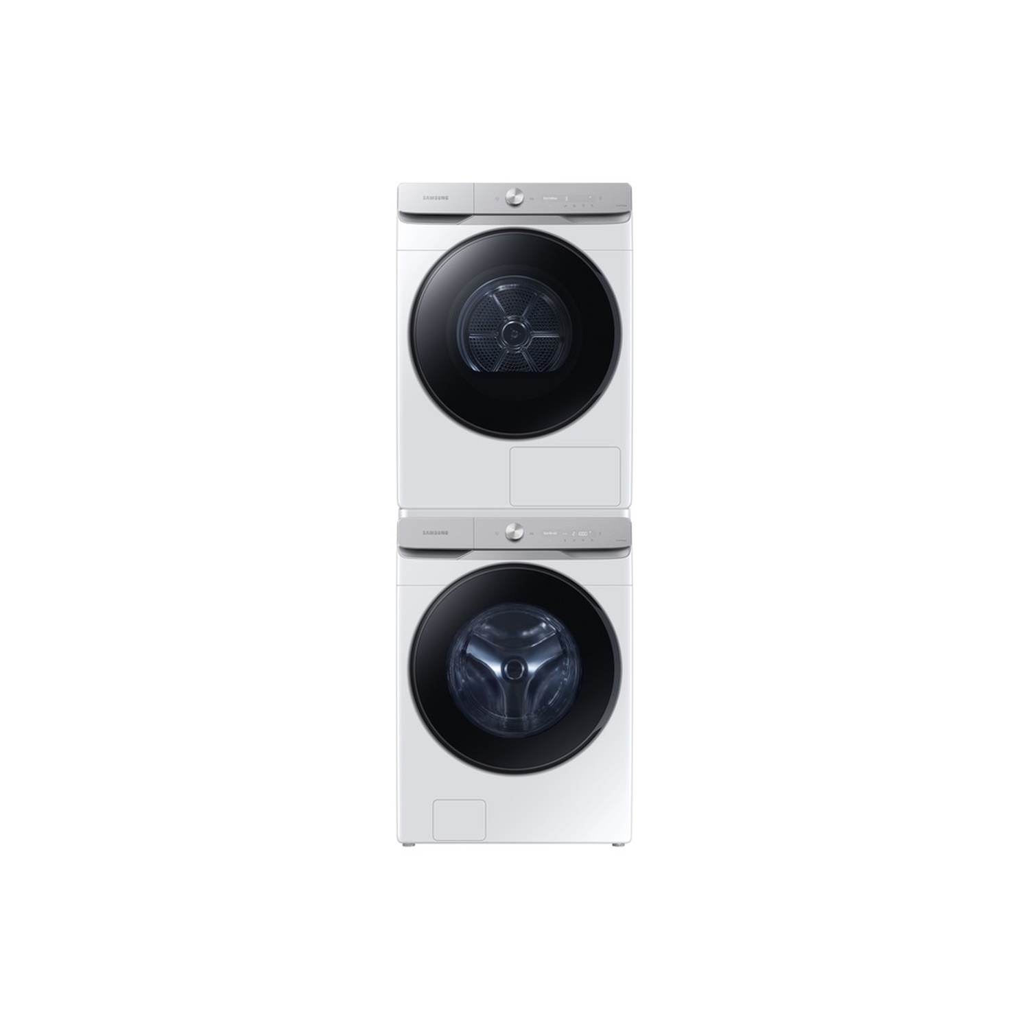Two stacked white Samsung washing machines. Each has a black door, silver top with controls, and a black circular viewing window.