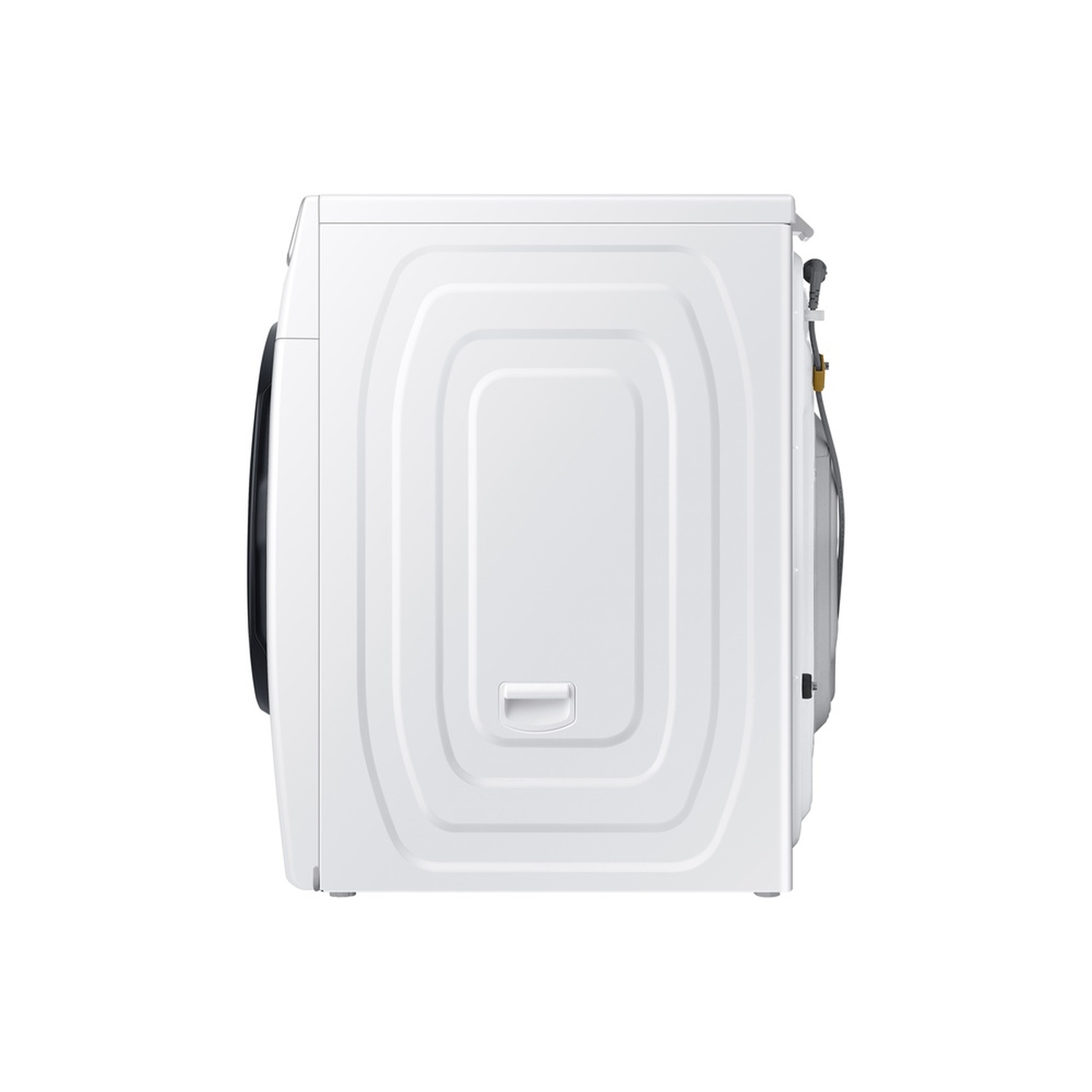 A white washing machine, side view, against a white background. The back has a patterned design with a handle at the bottom.