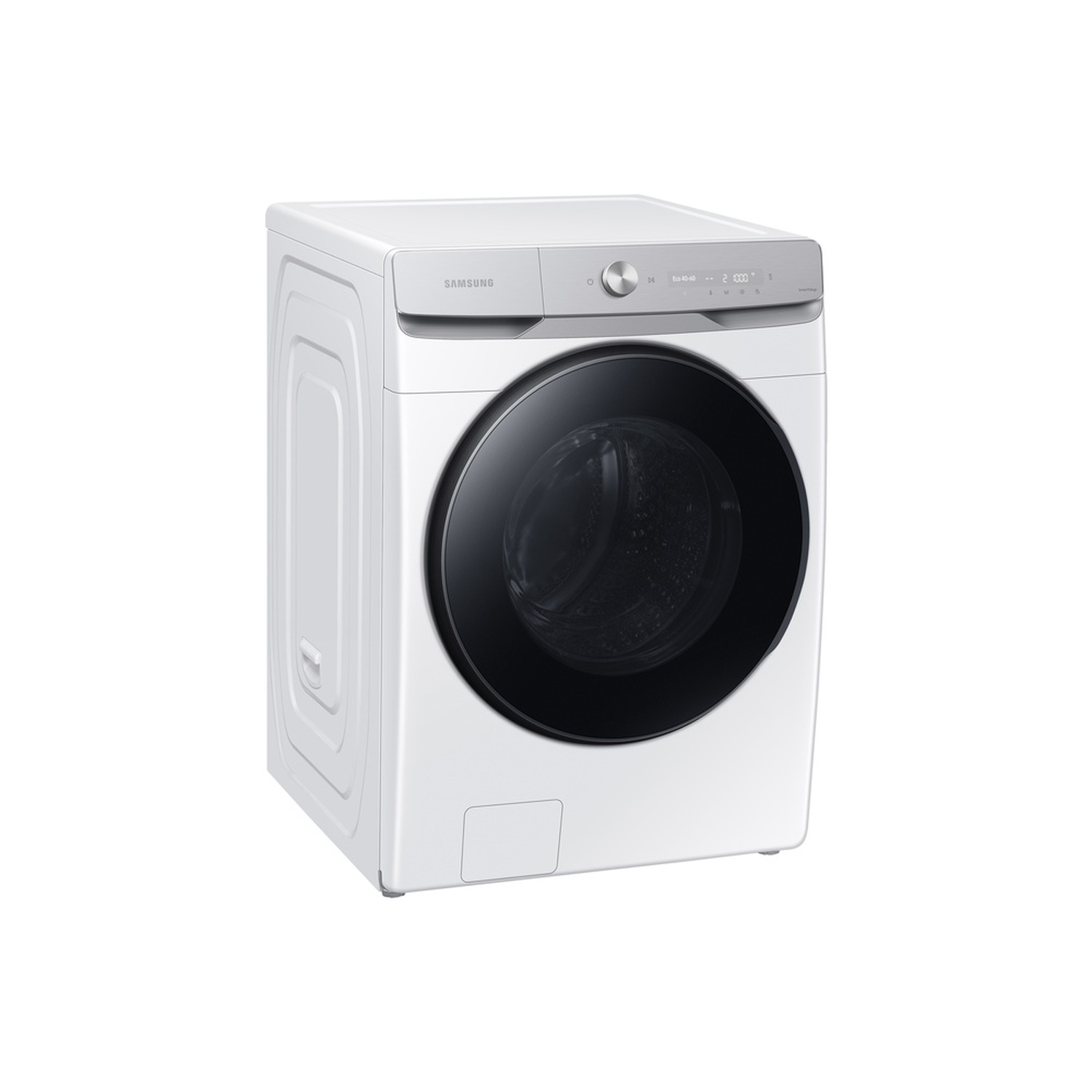 A white Samsung washing machine with a black door. It has a silver control panel at the top and a door with a dark circular glass.