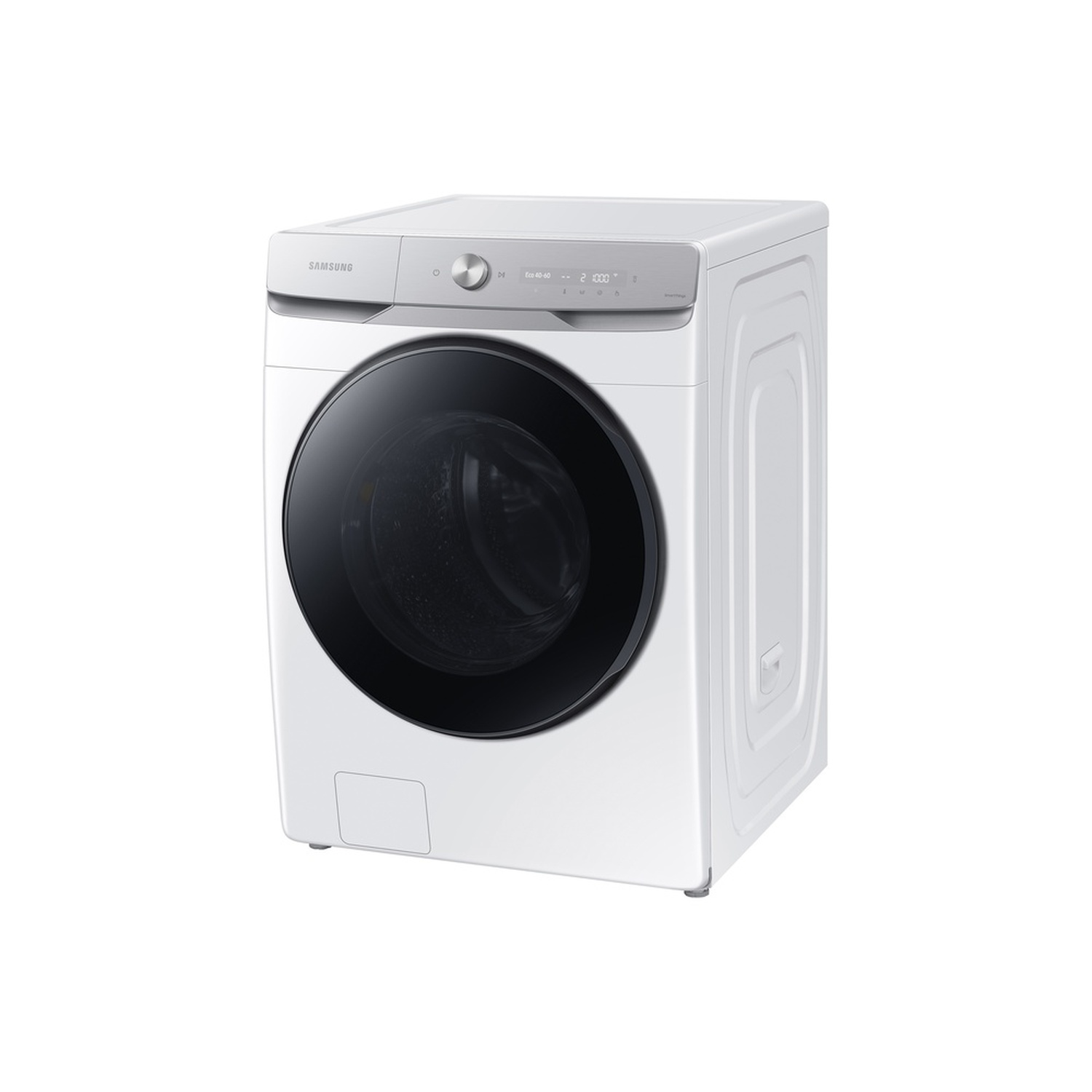 A white Samsung washing machine. It has a black door and a control panel with a round button and a small display.