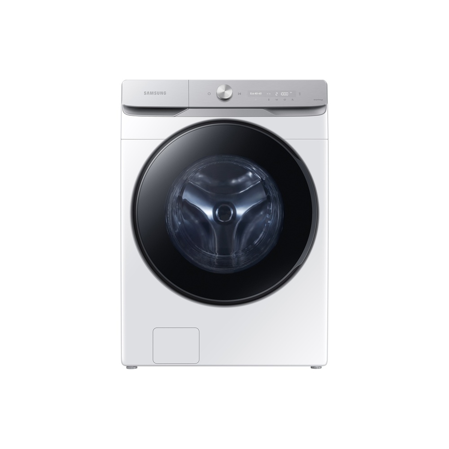A white Samsung washing machine. It has a black door and silver controls. The display shows numbers. It is on a white background.