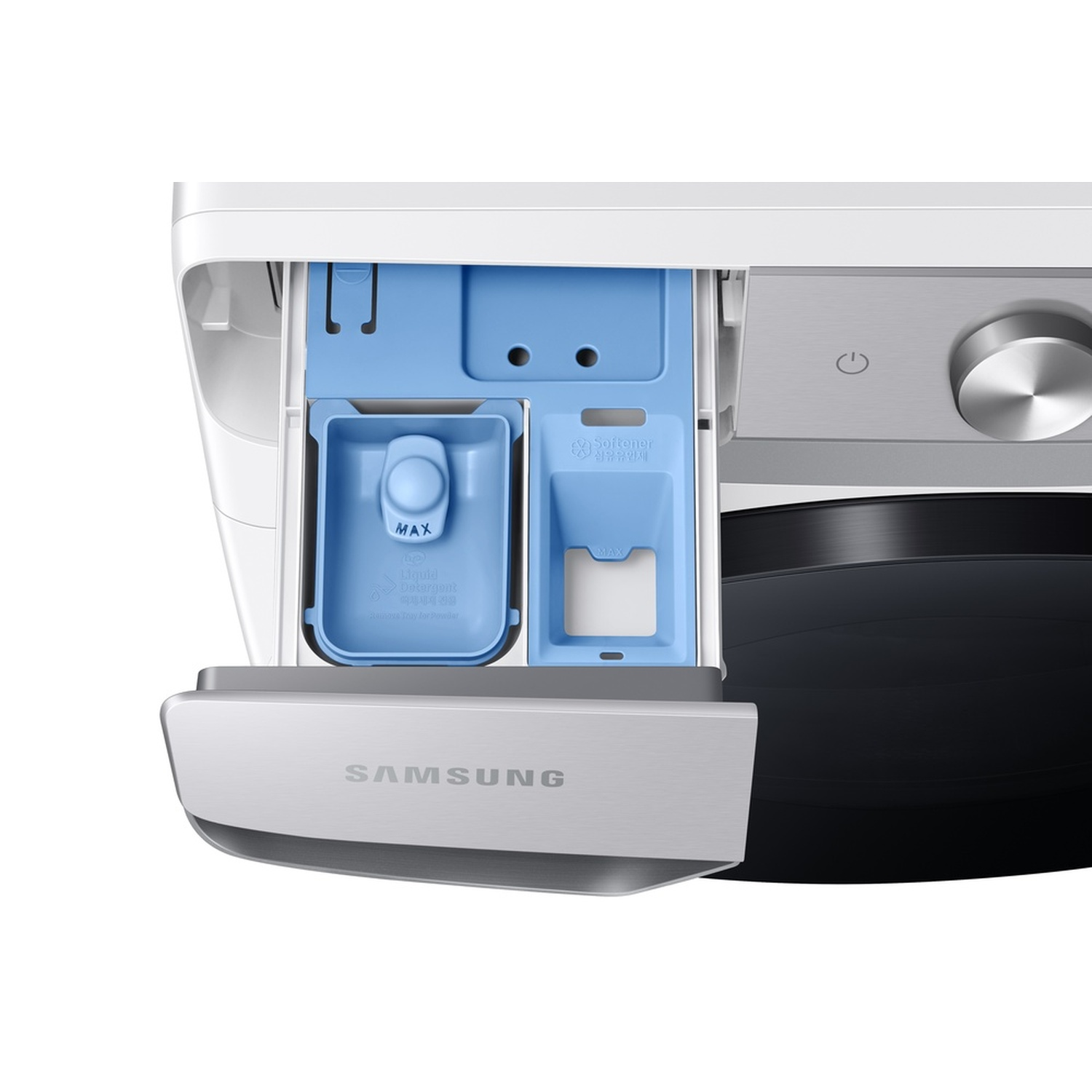 Close-up of a washing machine detergent drawer. Blue compartments for liquid detergent and softener. Samsung logo visible. White and gray colors.