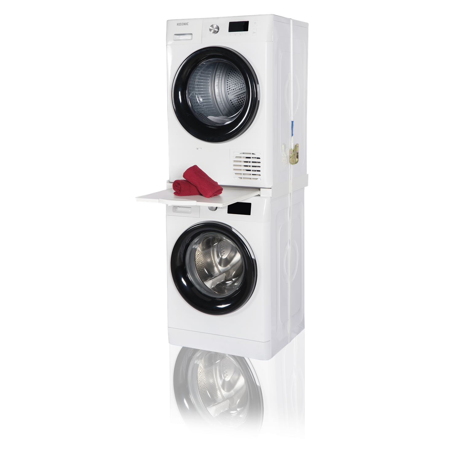 Un lave-linge et un sèche-linge blancs empilés. Deux serviettes rouges reposent sur une étagère coulissante. Chaque machine a une porte noire.