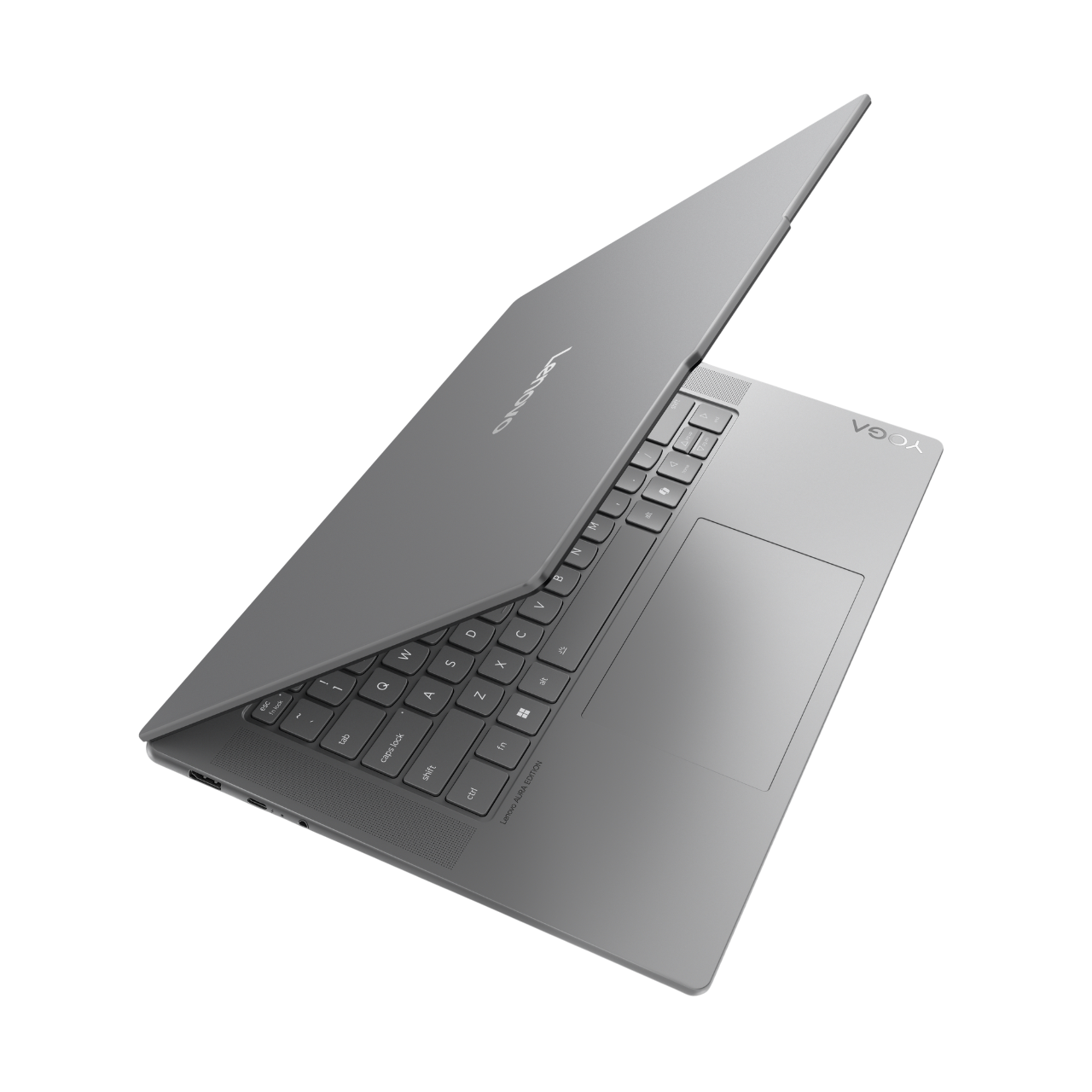 Ein grauer Lenovo Yoga Laptop ist auf schwarzem Hintergrund geöffnet. Die Tastatur ist sichtbar. Der Deckel ist teilweise geöffnet.