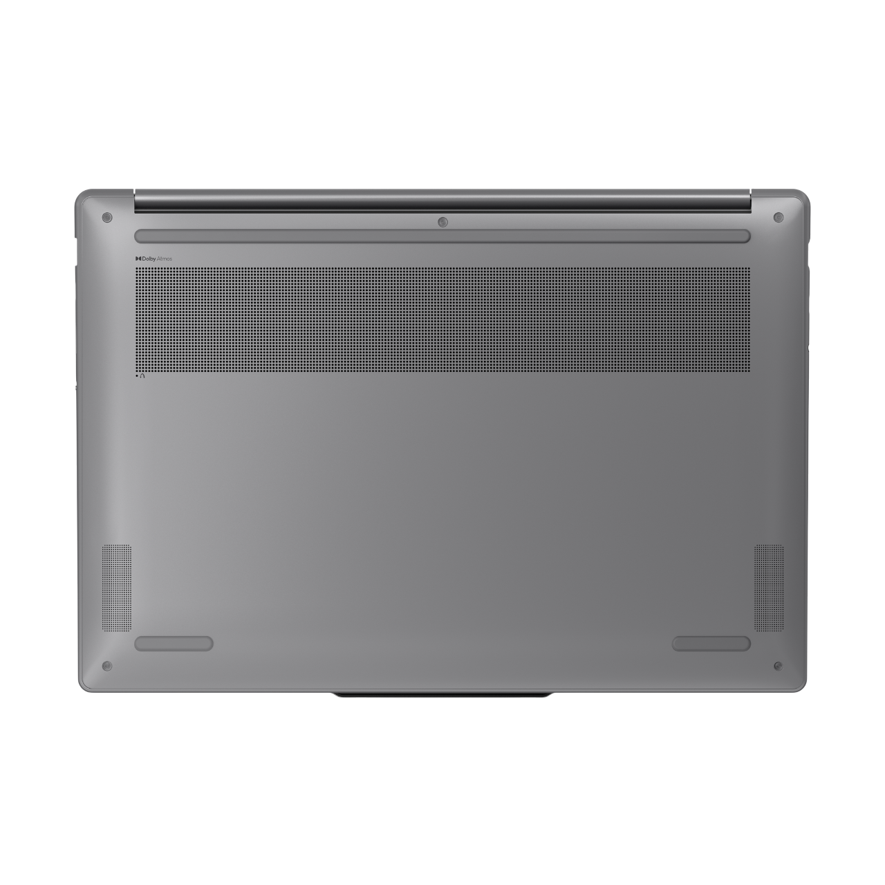 Graue Laptop-Unteransicht mit Belüftungslöchern und Dolby Atmos-Logo auf schwarzem Hintergrund.