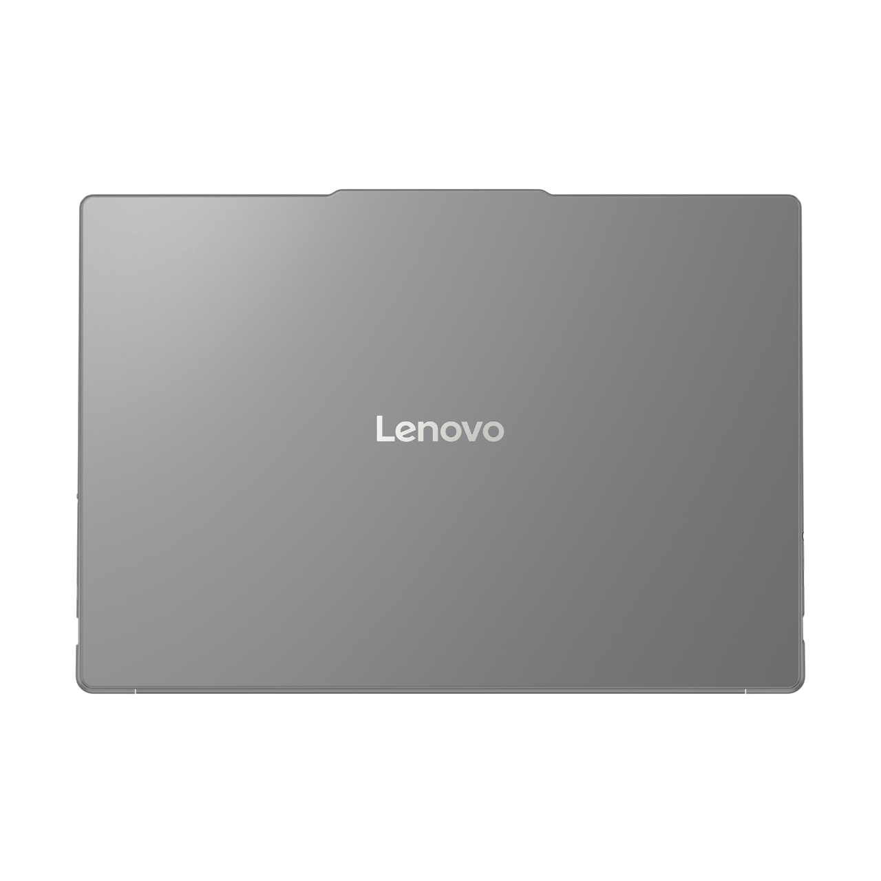 Ein grauer Lenovo-Laptop ist auf einem schwarzen Hintergrund zentriert. Das Lenovo-Logo ist auf der Oberseite des Laptops zu sehen.