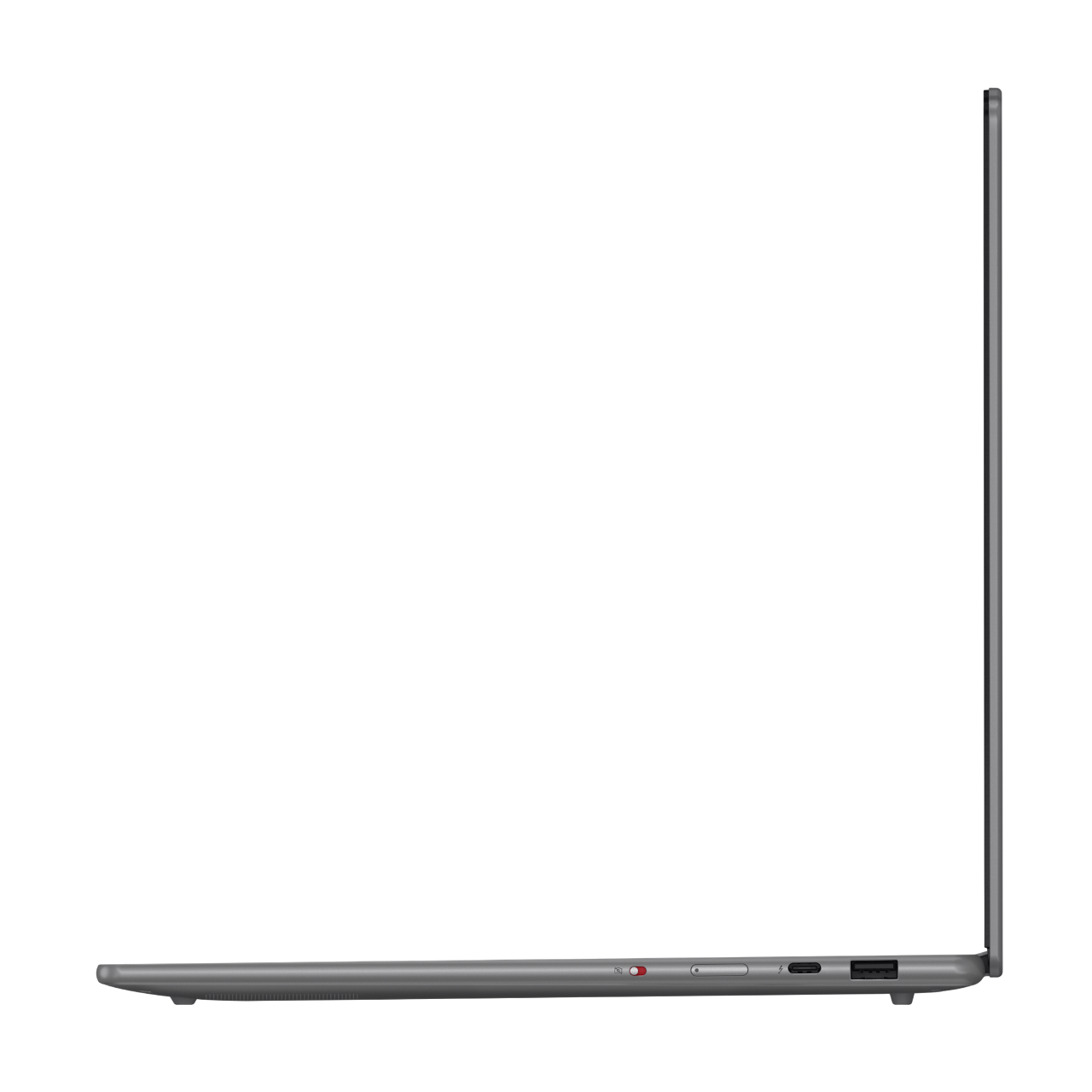 Seitenansicht eines grauen Laptops vor schwarzem Hintergrund. Anschlüsse und ein Einschaltknopf sind sichtbar. Der Bildschirm ist geöffnet.