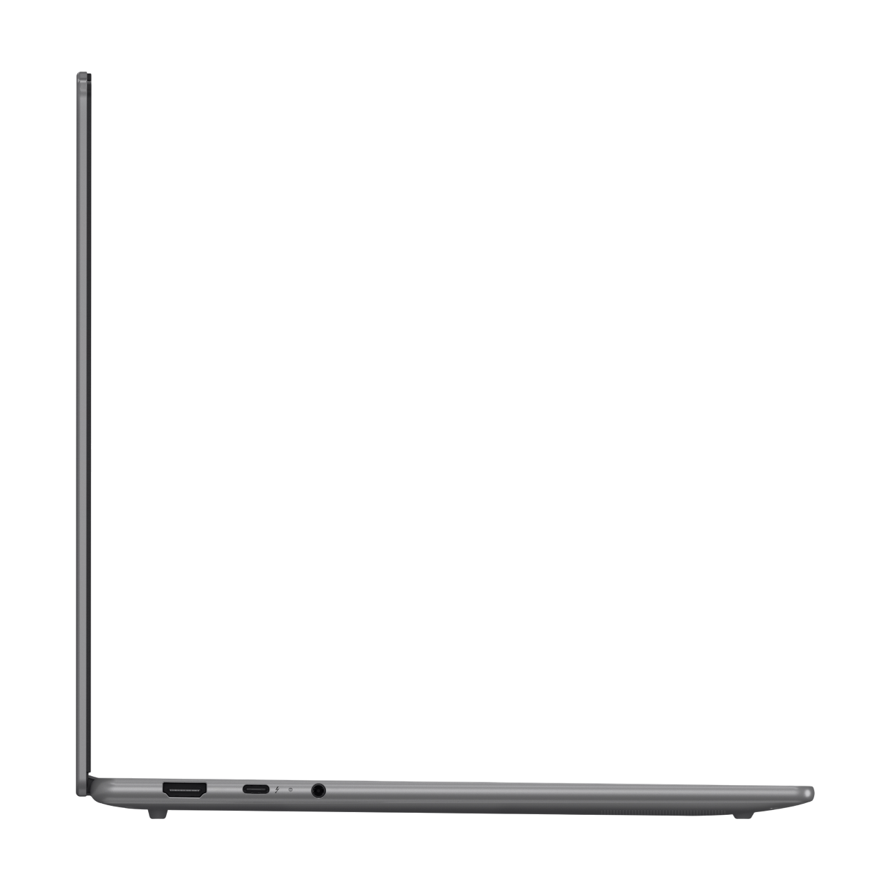 Seitenansicht eines silbernen Laptops auf schwarzem Hintergrund. Der Bildschirm ist offen. Anschlüsse sind an der Seite sichtbar.