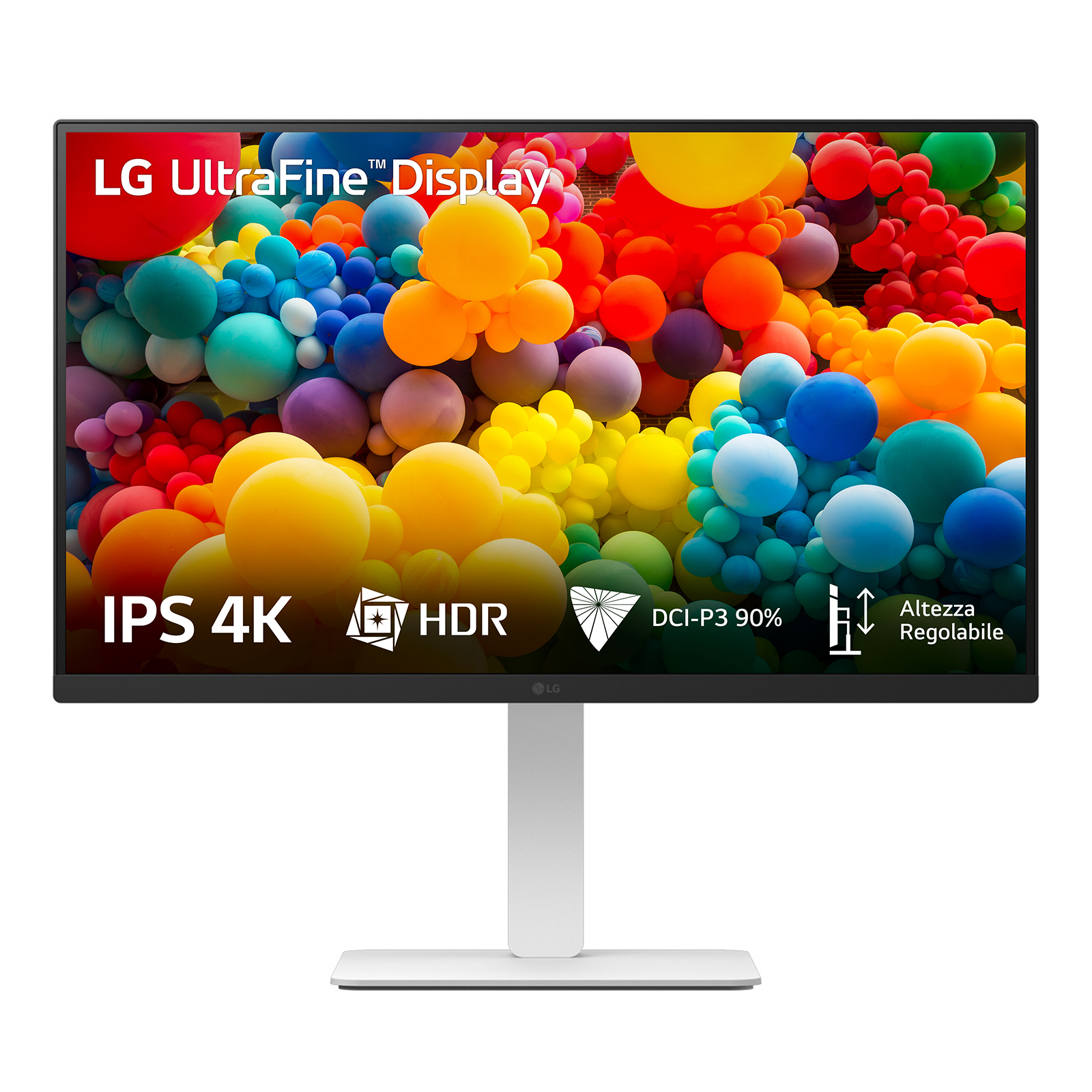 LG UltraFine 4K HDR Display mit bunten Ballons und einstellbarer Höhe.