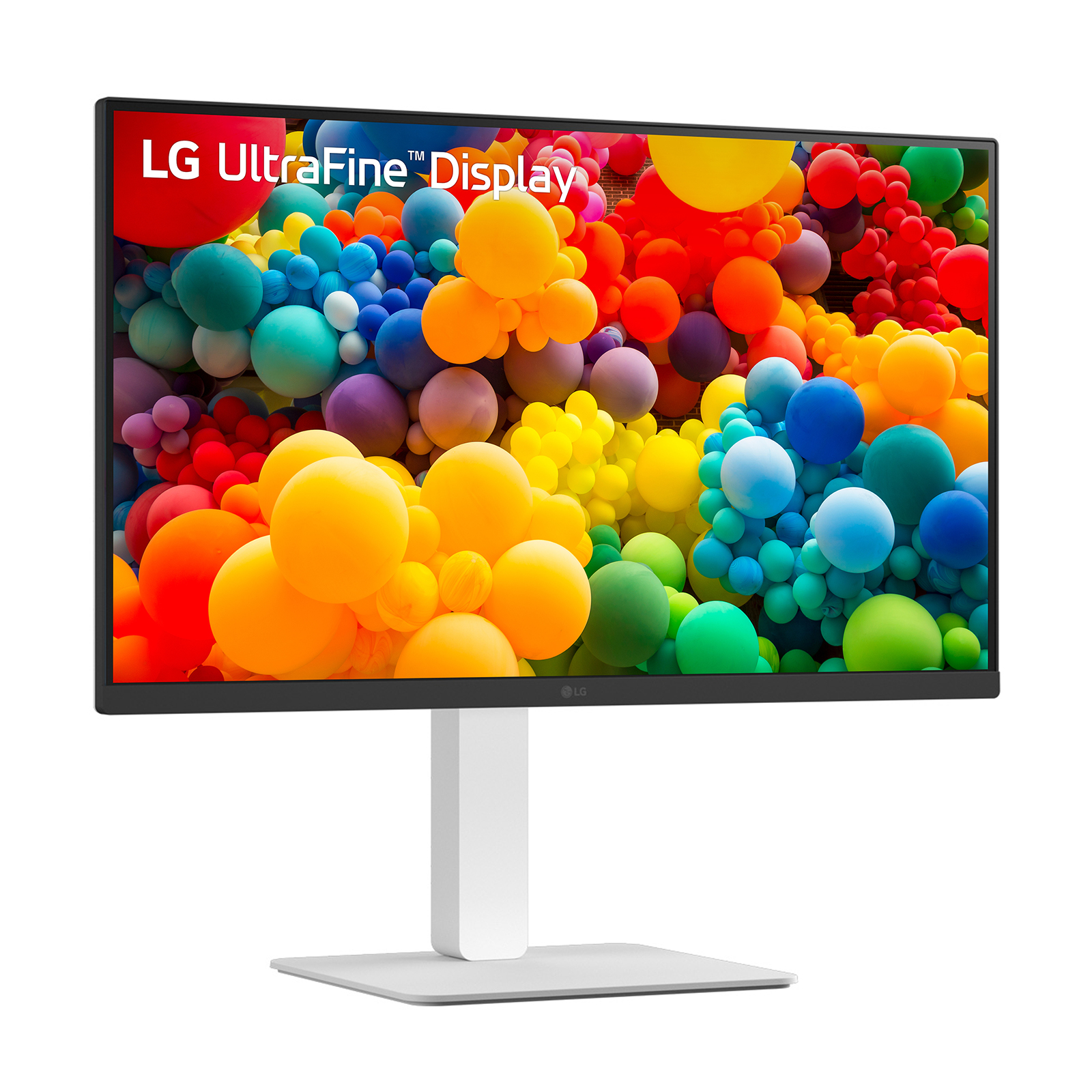 Ein LG UltraFine Display mit bunten Ballons als Hintergrundbild.