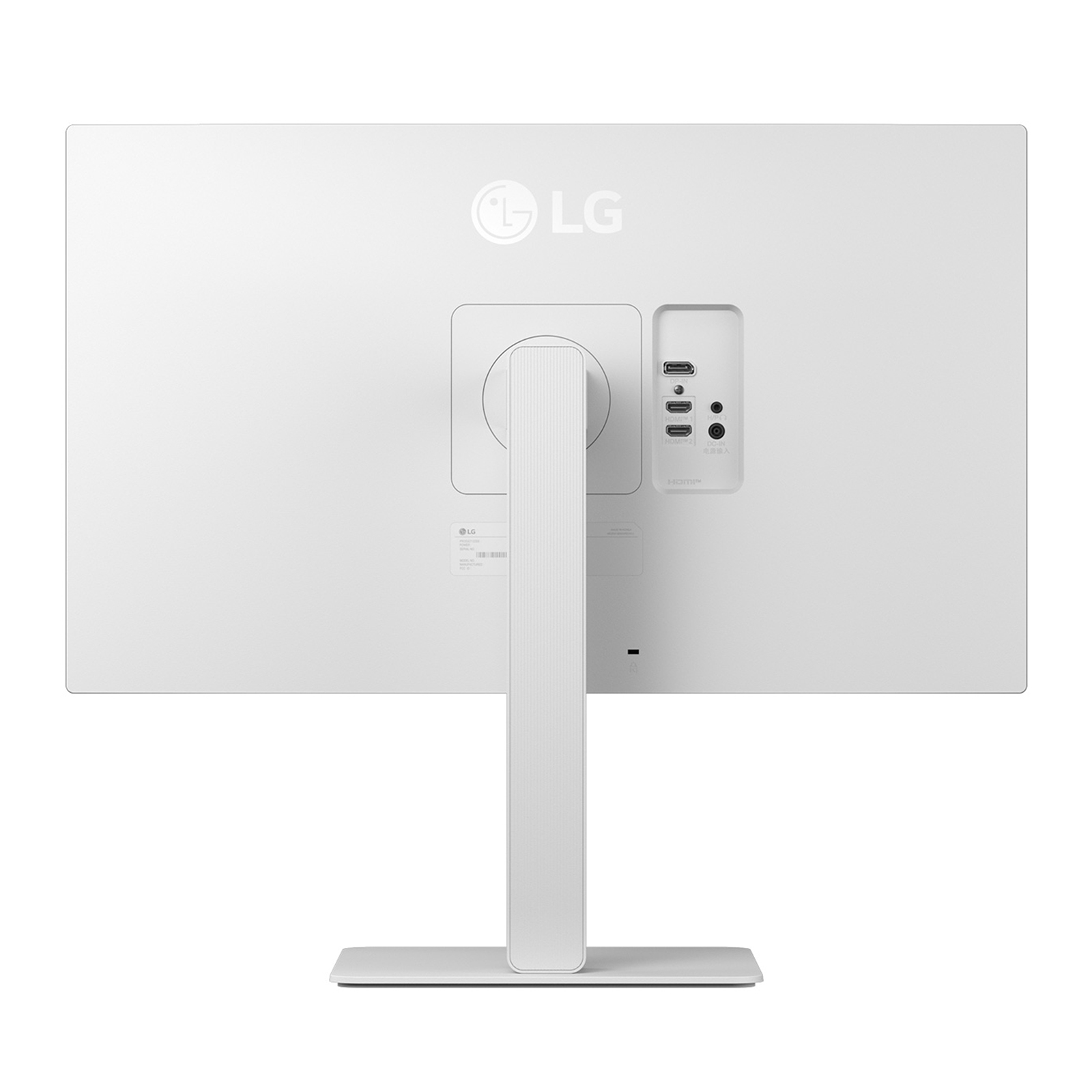 Rückansicht eines weißen LG-Monitors. Merkmale sind das LG-Logo, Anschlüsse und Ständer. Der Hintergrund ist weiß.