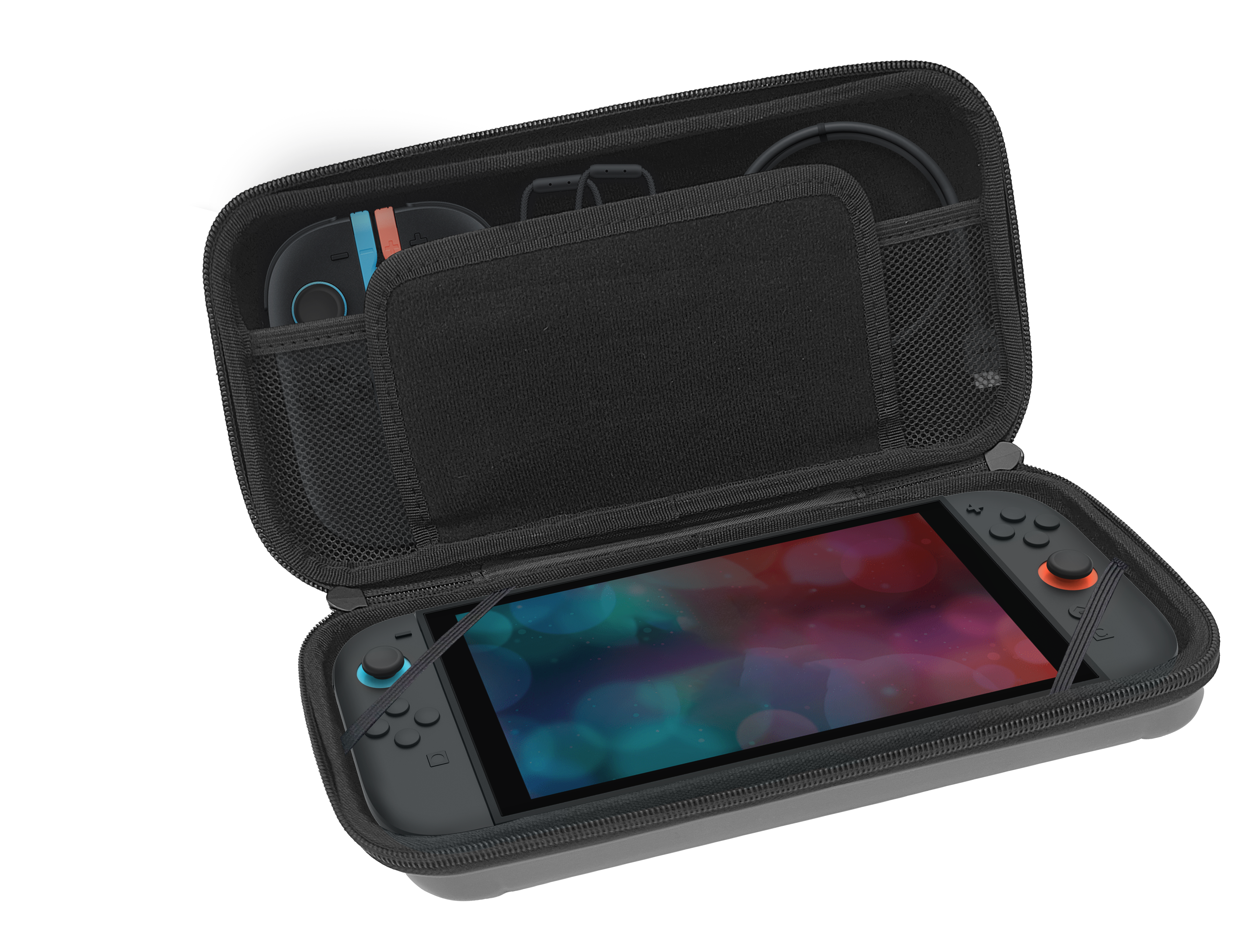 Ein graues Etui mit einem geöffneten Spielgerät und Zubehör.