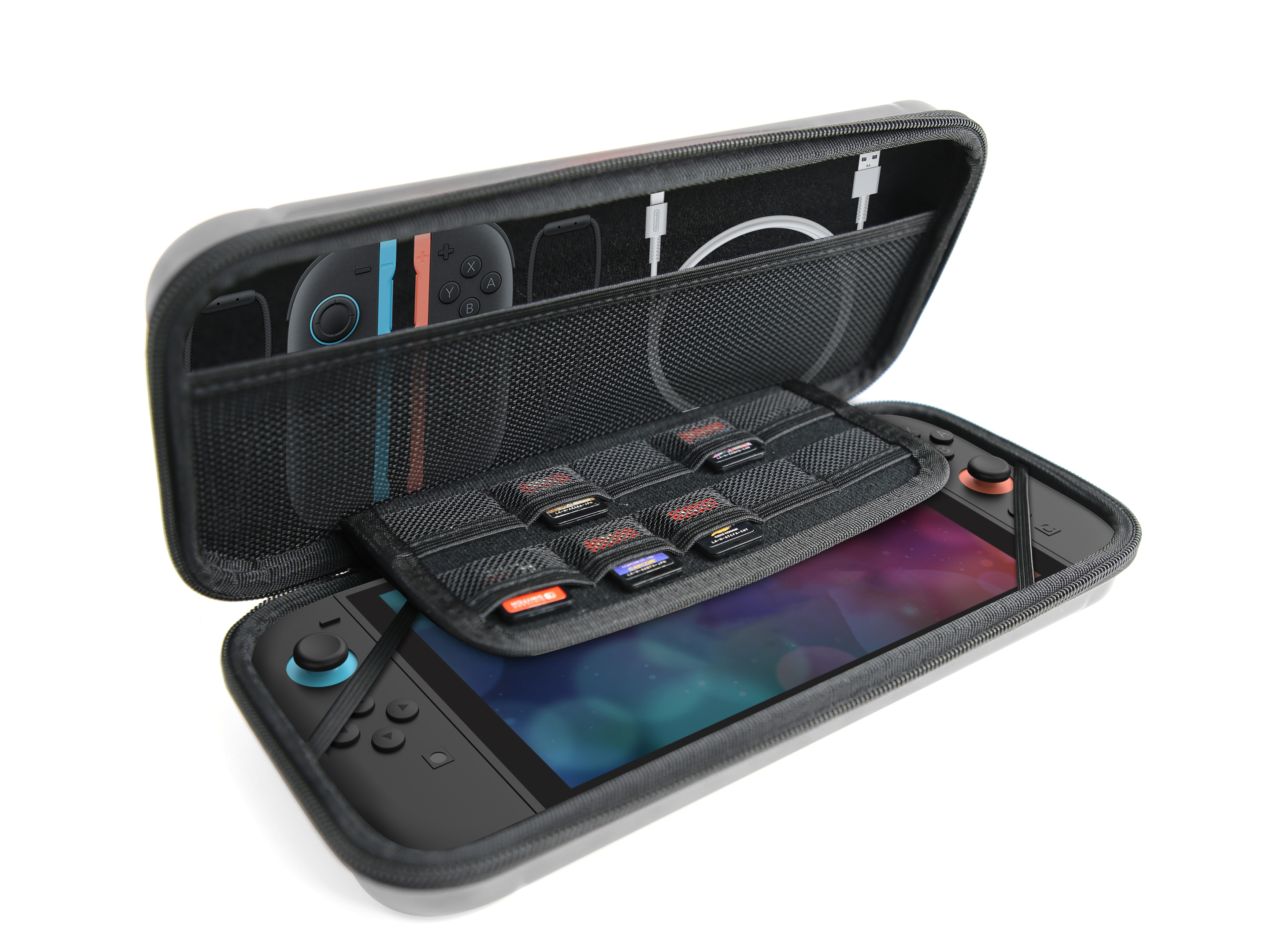 Ein schwarzer Spielekoffer mit einem Nintendo Switch und Spielen.