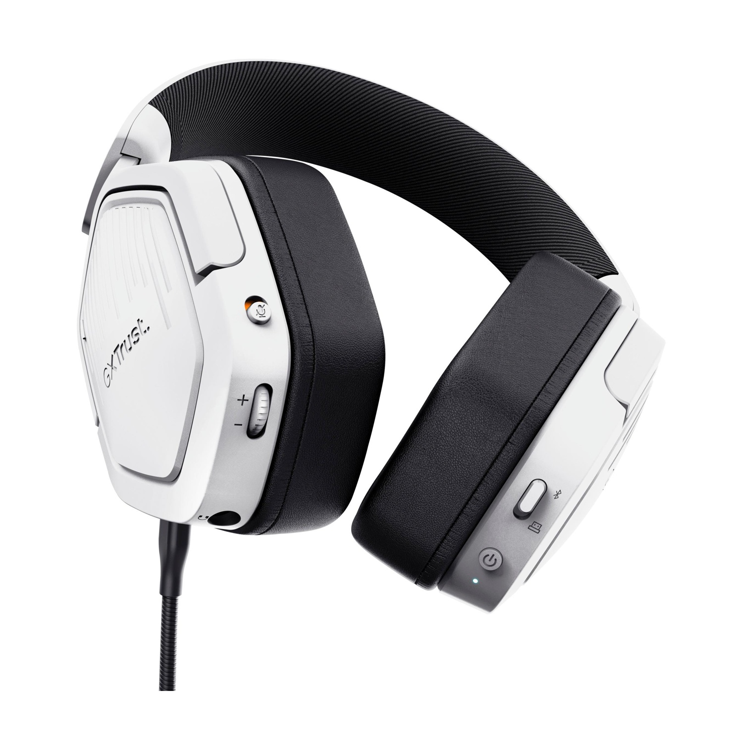 Cuffie da gaming bianche e nere su sfondo bianco. Caratterizzate da controllo del volume, pulsante di accensione e jack per microfono. Logo "Trust" visibile.