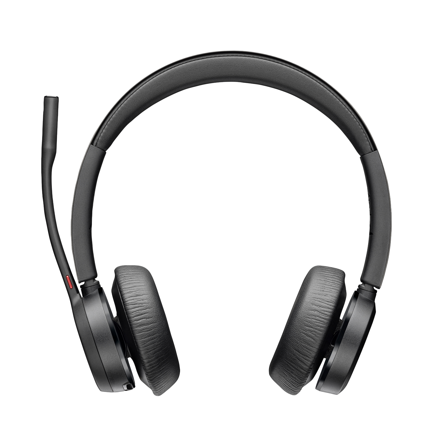 Zwarte over-ear hoofdtelefoon met microfoon. De hoofdtelefoon heeft gevoerde oorschelpen en een hoofdband. De achtergrond is effen zwart.