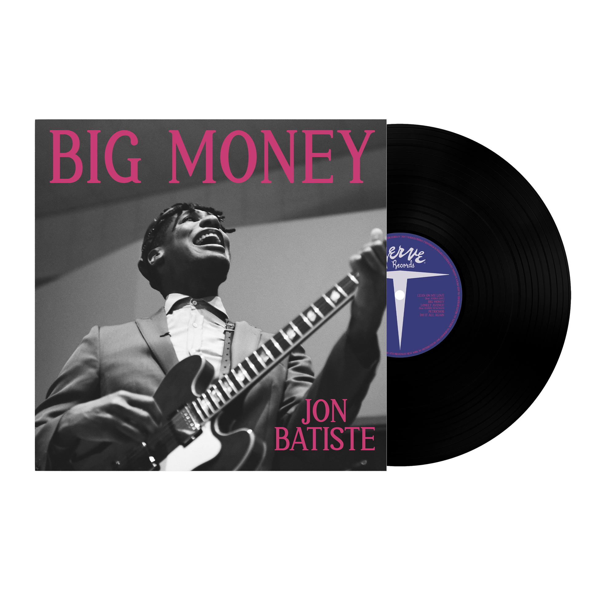 Albumcover mit Jon Batiste, der Gitarre spielt, mit dem Titel 'BIG MONEY'. Rechts ist eine schwarze Schallplatte.