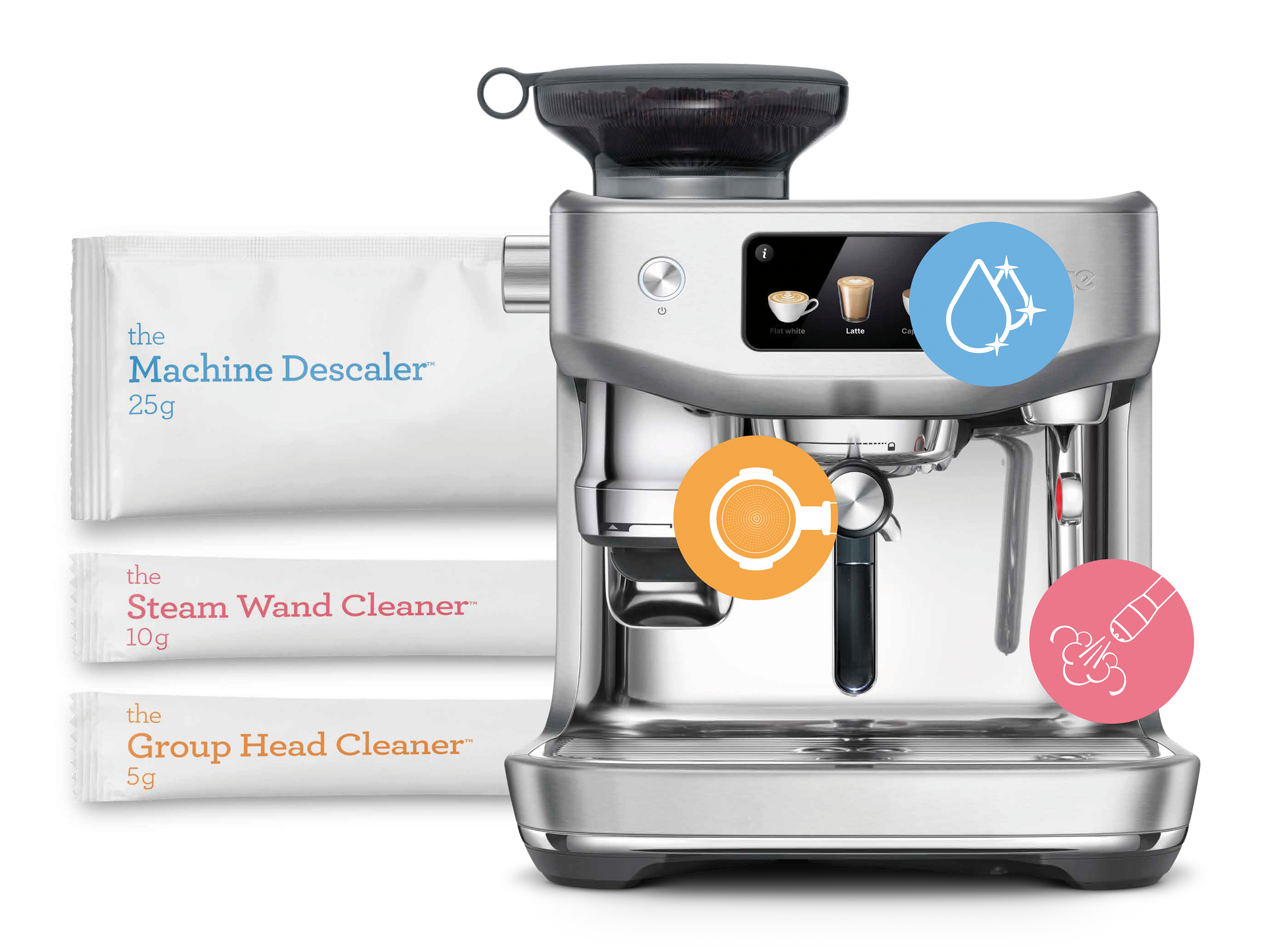 Eine silberne Espressomaschine hat Reinigungspackungen und Symbole für Reinigung und Kaffeearten auf dem Bildschirm.