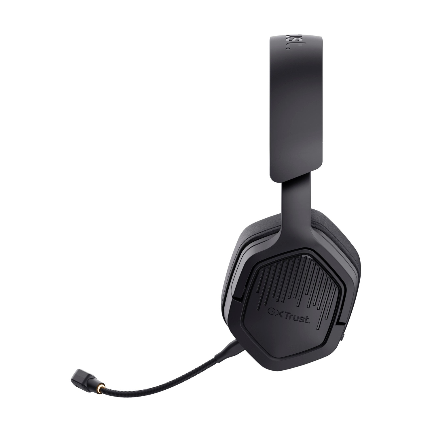 Un'auricolare da gioco nero con microfono. L'auricolare ha il marchio 'GX Trust'. Lo sfondo è bianco.
