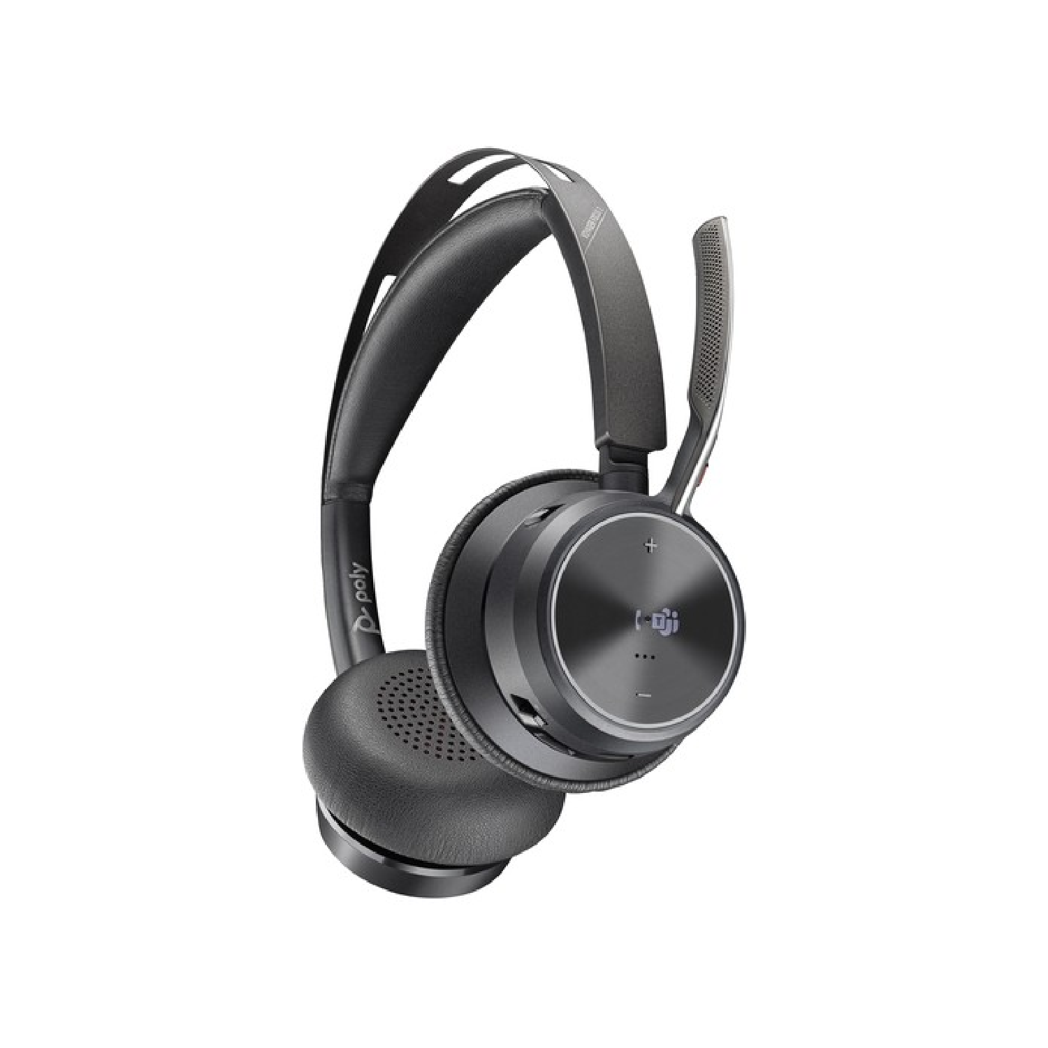 Een zwarte en grijze Poly-headset. Het heeft een gewatteerde hoofdband, oorschelpen en een microfoon. Het Teams-logo staat op de oorschelp.