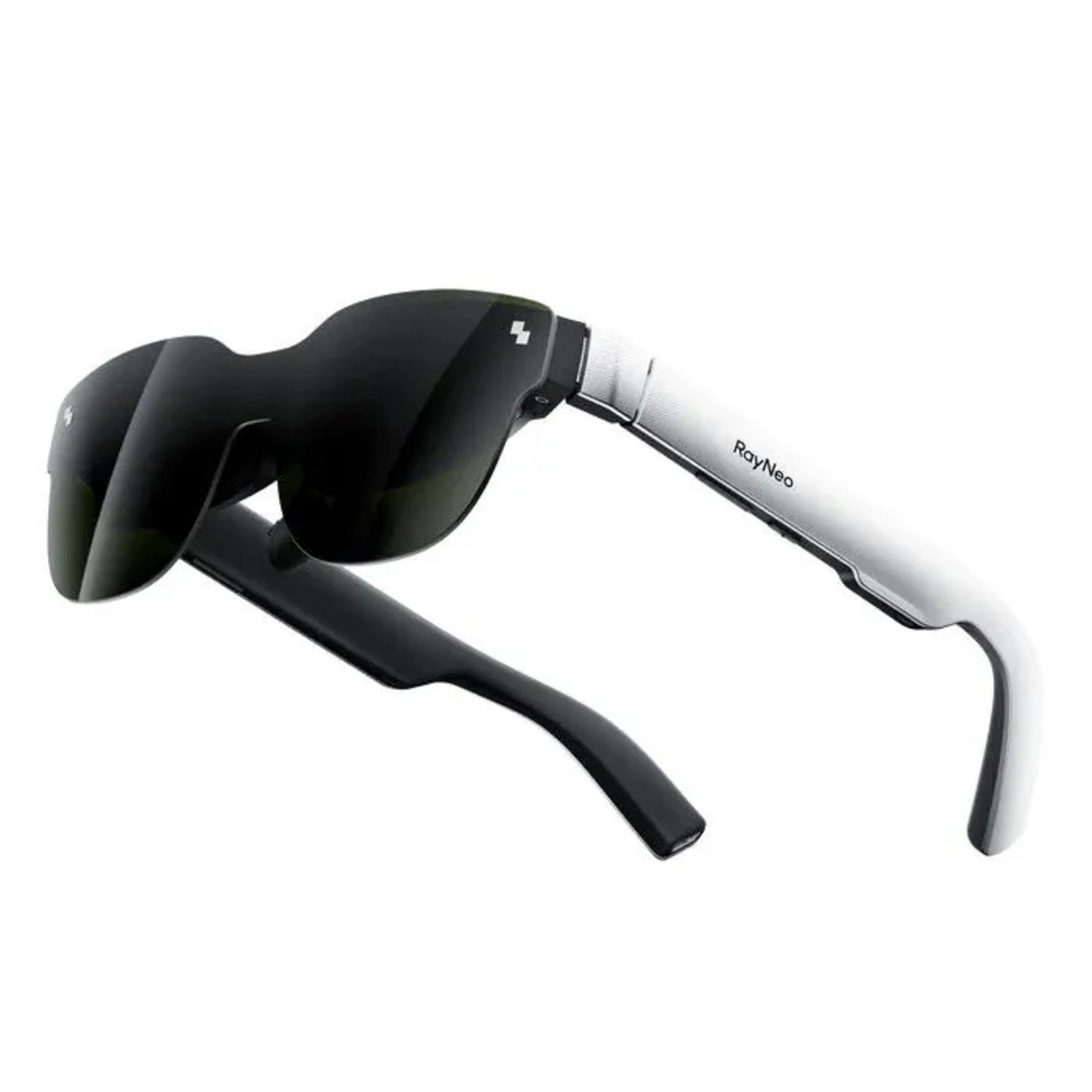 Black smart glasses with dark lenses and white temples. The brand name 'RayNeo' is visible on the temple. The background is white.