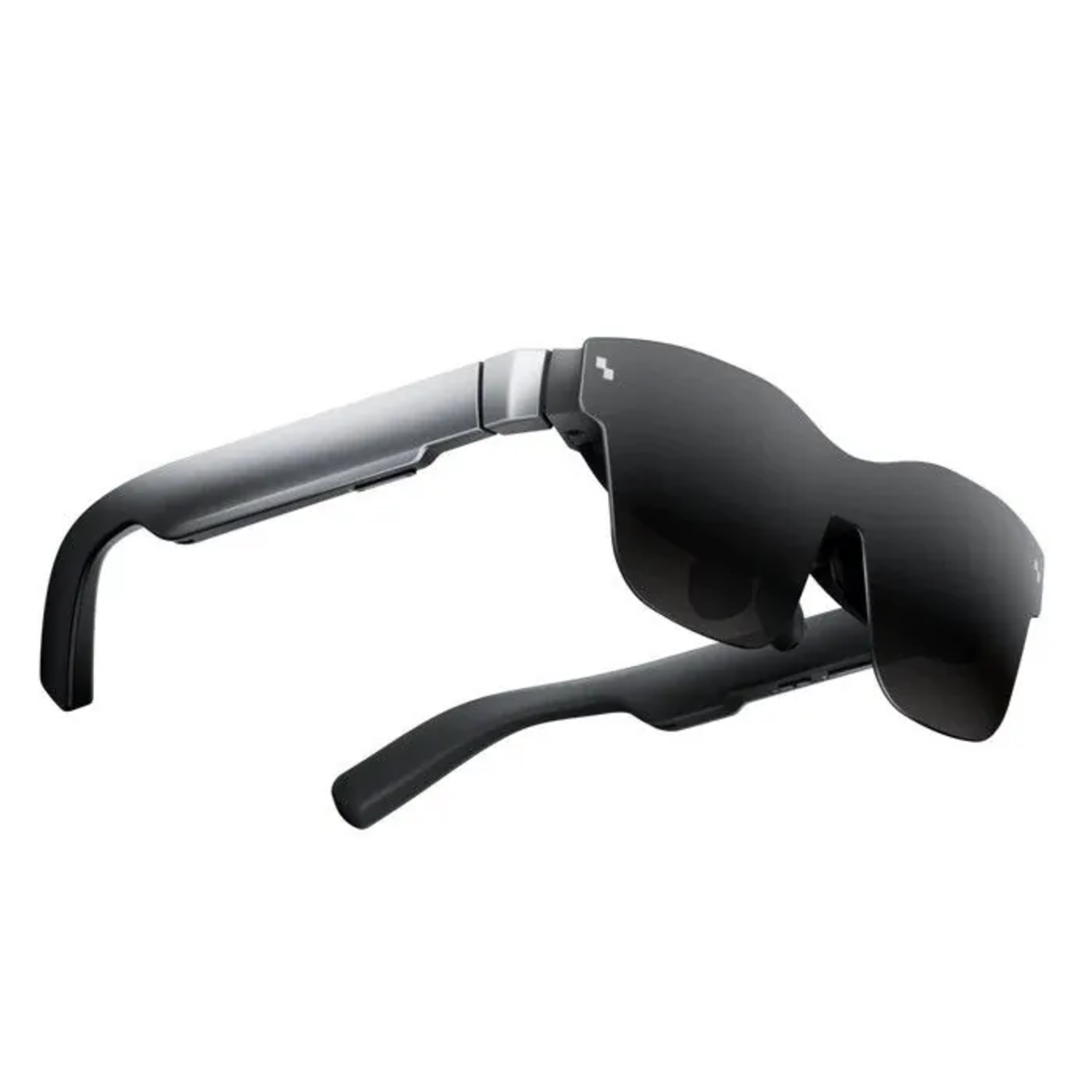 Black smart glasses with silver arms. The lenses are dark, and the frame is curved.