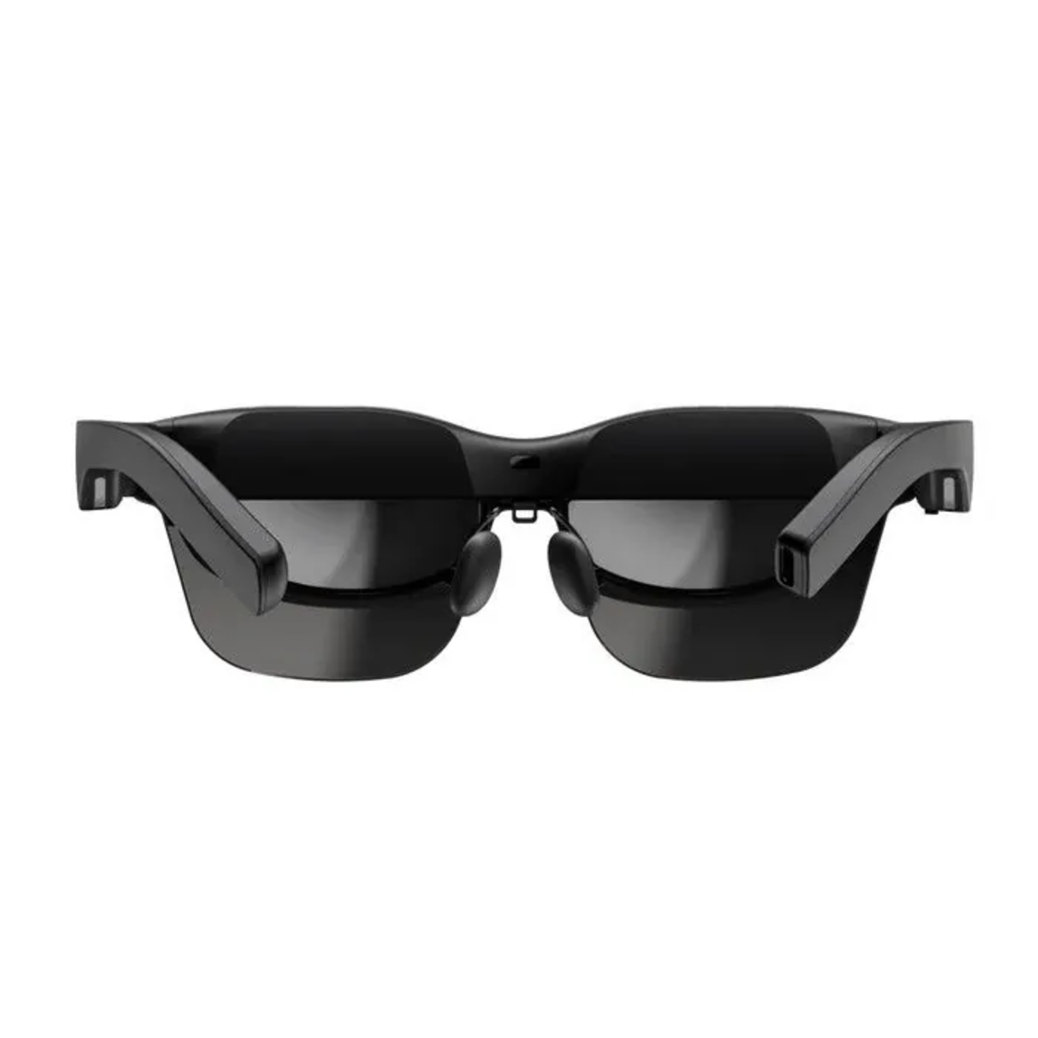 Black smart glasses with dark lenses, a nose bridge, and thick arms. The background is plain white.