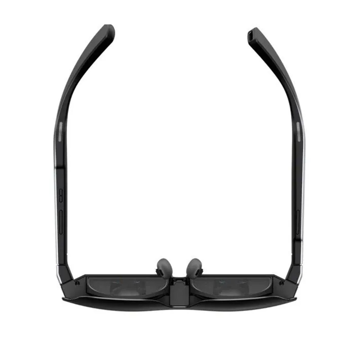 Black smart glasses, overhead view. Features dark lenses, nose pads, and curved temples. Isolated on a white background.