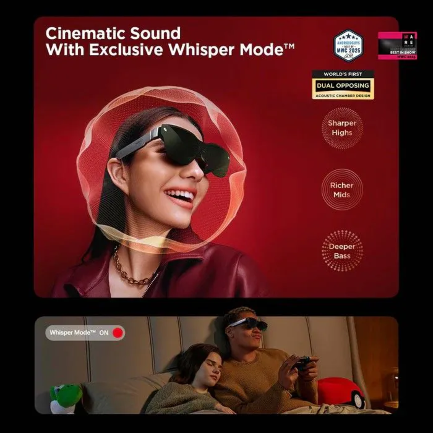 Woman wearing glasses with a red aura, smiling. Below, a couple relaxes, one playing a game. Text: Cinematic Sound, Whisper Mode.
