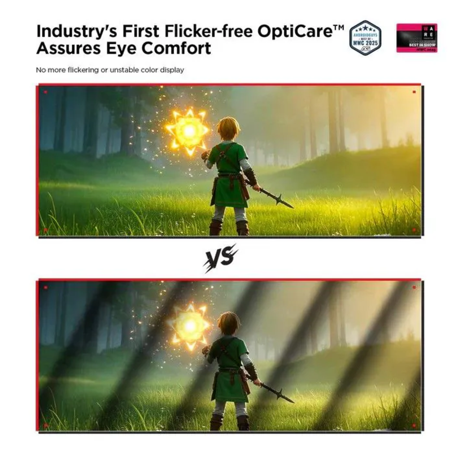 An illustration comparing two images of a boy in a green tunic holding a spear, standing in a field with a glowing light.
