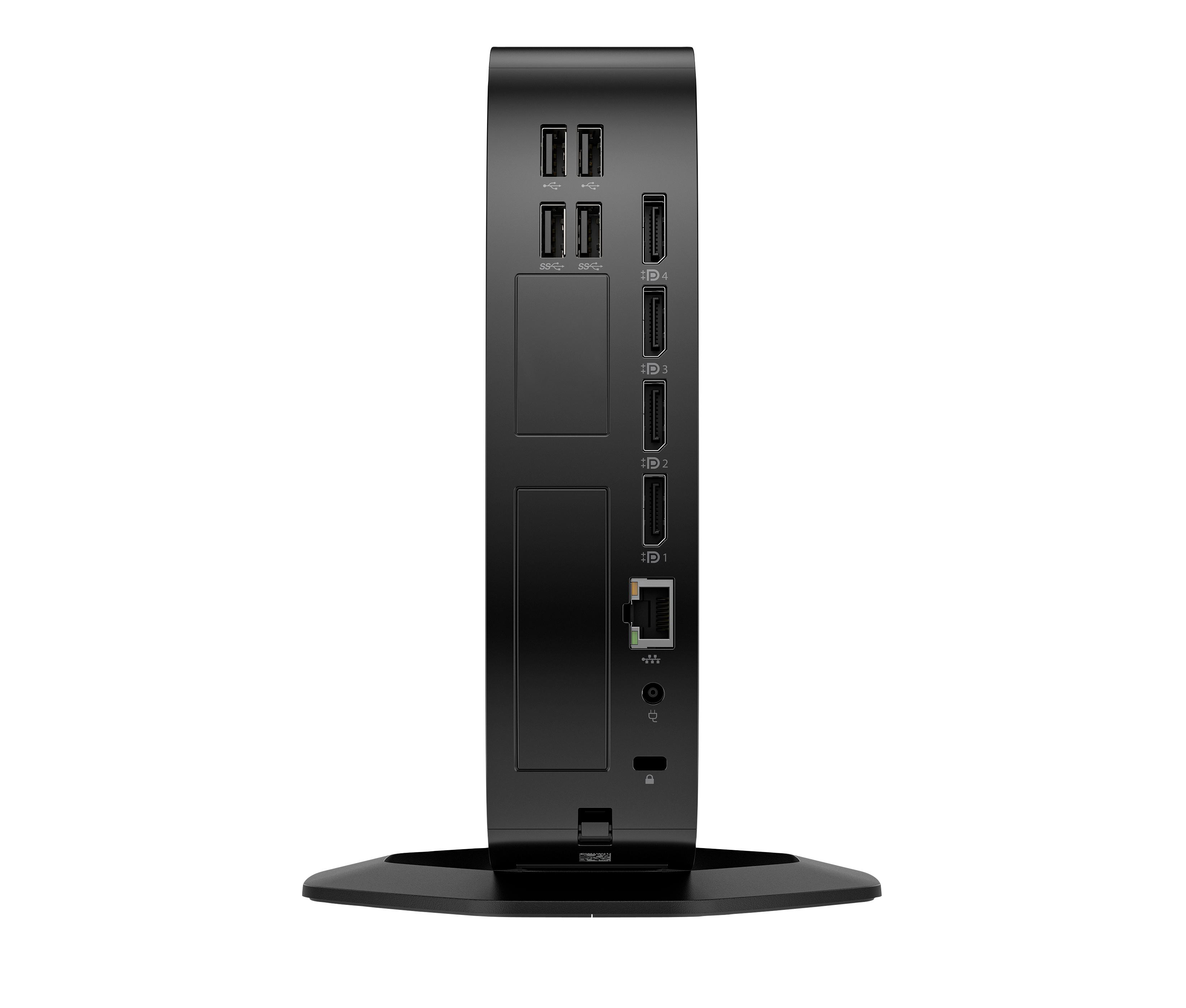 Schwarze Dockingstation mit mehreren Anschlüssen, einschließlich USB, HDMI und Ethernet, auf weißem Hintergrund.