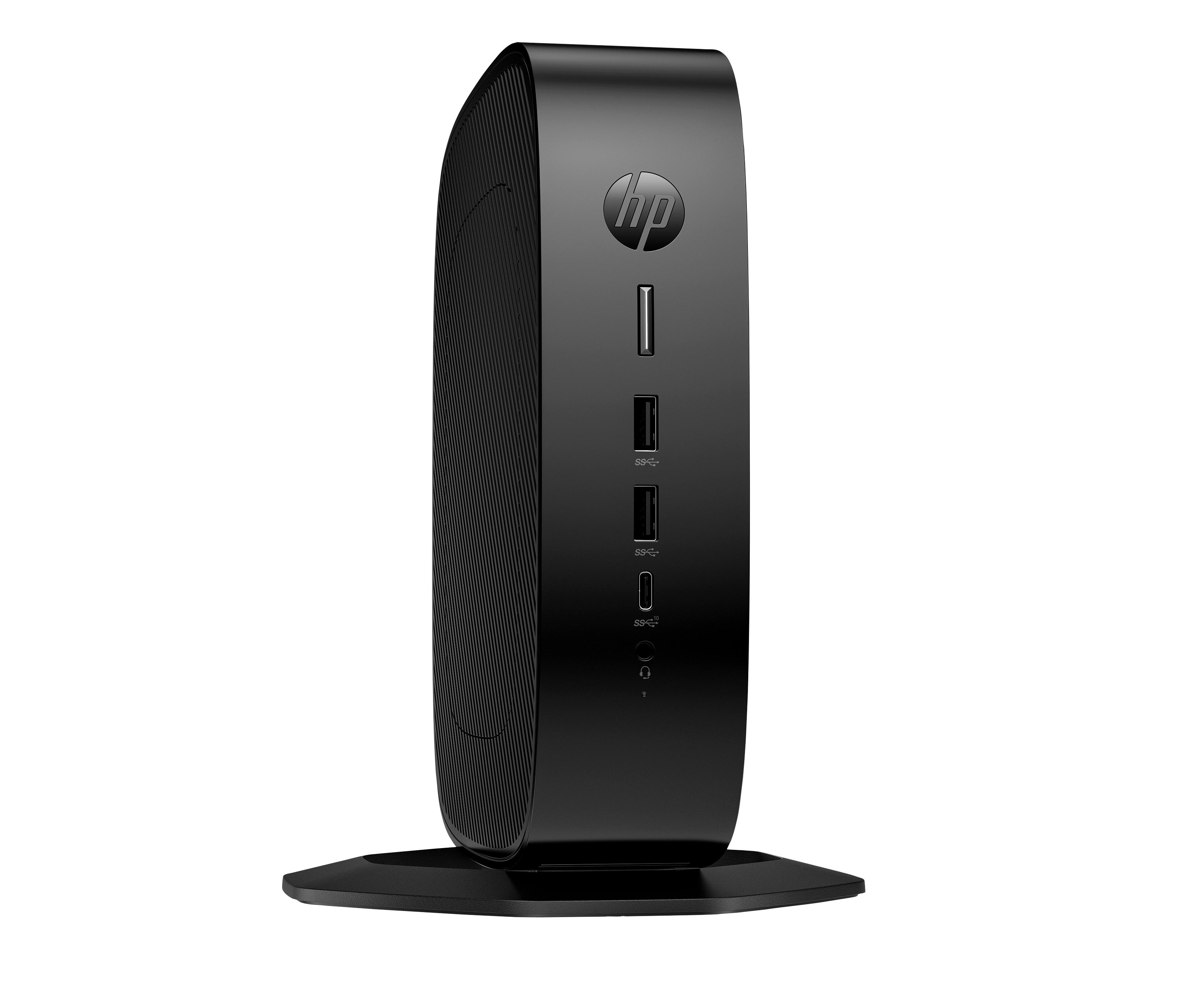 Ein schwarzer HP-Computer. Er hat mehrere USB-Anschlüsse und einen Ein- / Ausschalter. Das HP-Logo ist sichtbar.