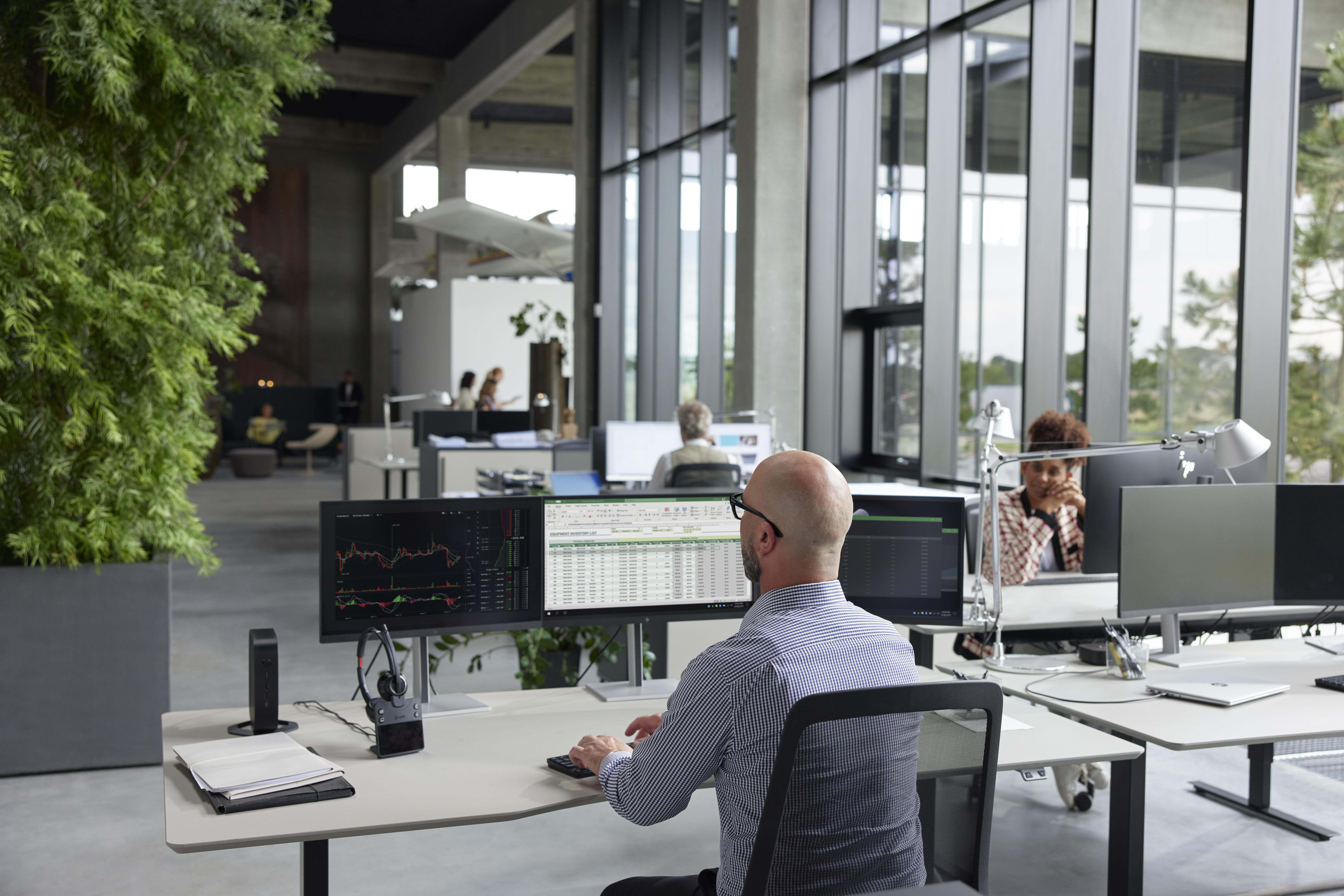 Büroszene. Ein Mann arbeitet an einem Schreibtisch mit zwei Monitoren. Andere arbeiten im Hintergrund. Grüne Pflanzen sind vorhanden.