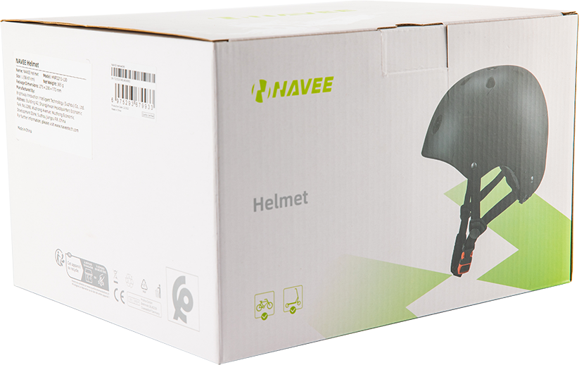Fehér doboz fekete sisak képével. A szöveg: 'NAVEE Helmet'. Zöld díszítések és logó láthatók. A dobozon vonalkód van.
