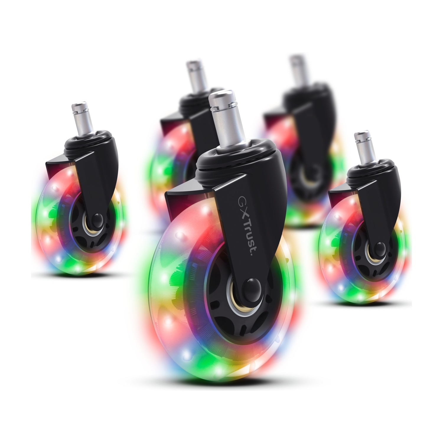 Cinque ruote nere con luci LED colorate sono disposte su sfondo bianco. Le ruote sono a fuoco al centro.