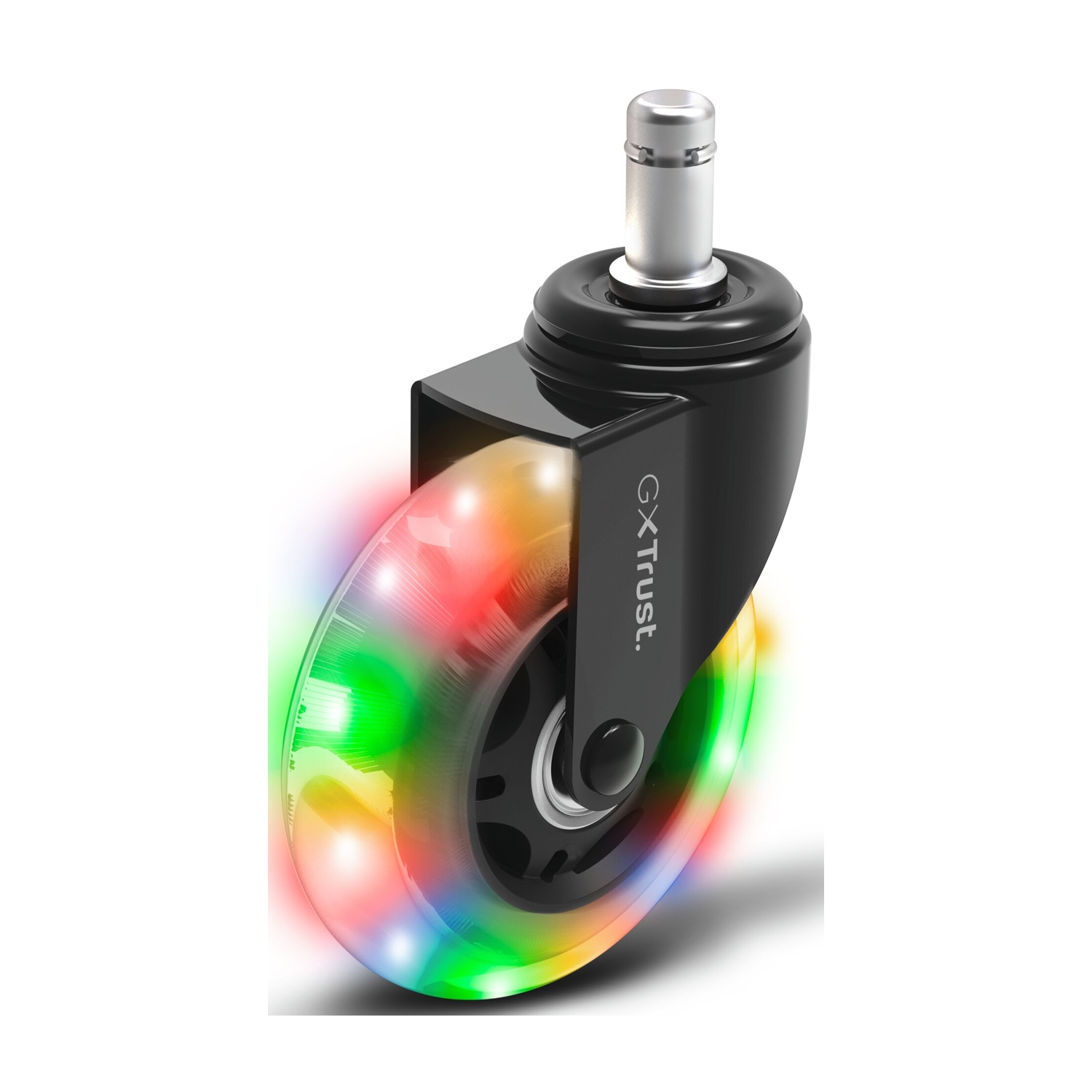 Primo piano di una rotella con luci LED multicolore. Ha un telaio nero, una ruota trasparente e uno stelo argentato, con la scritta "GXTtrust."
