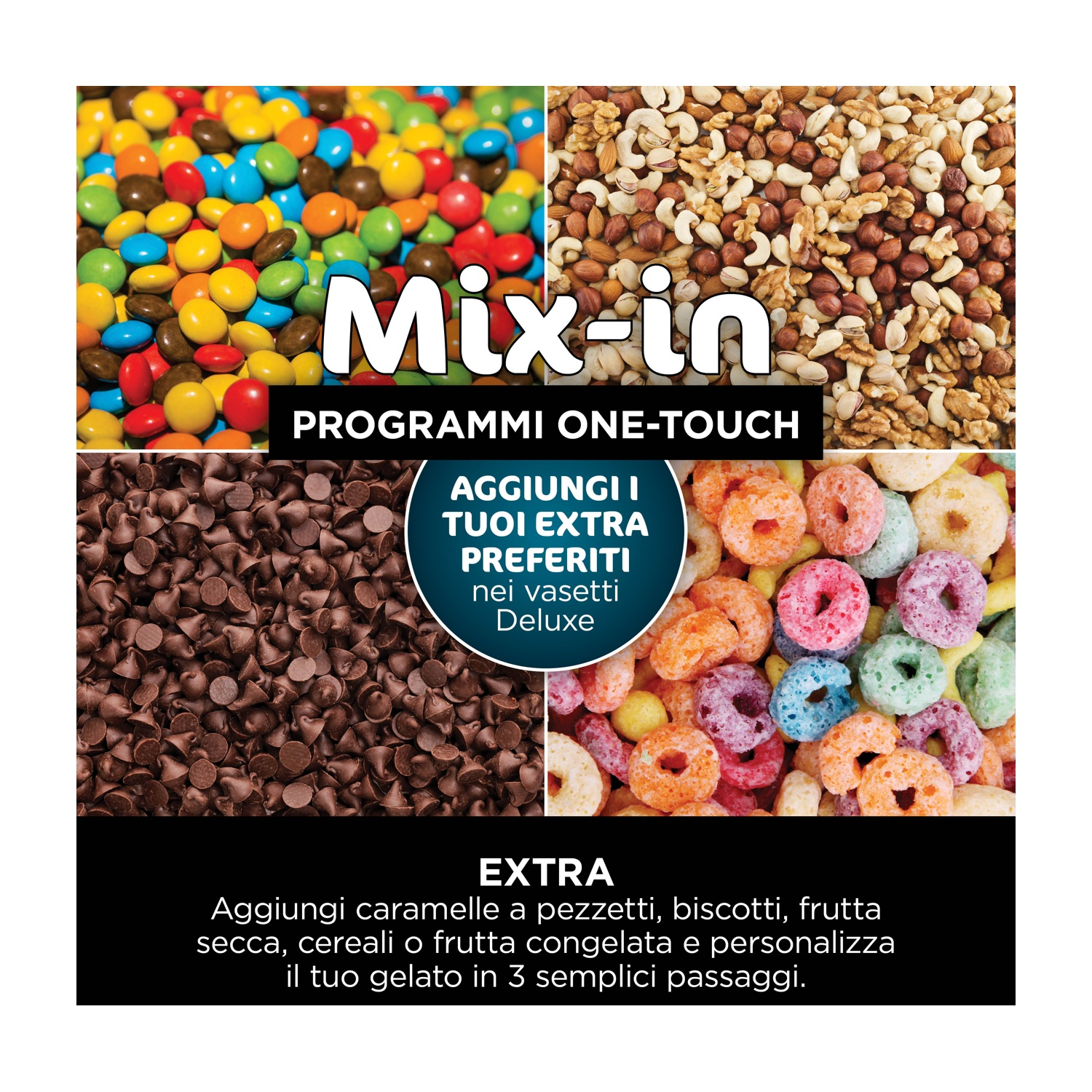 Un collage con caramelle, noci, gocce di cioccolato e cereali. Il testo dice 'Mix-in', 'Aggiungi i tuoi extra' e 'personalizza il tuo gelato'.