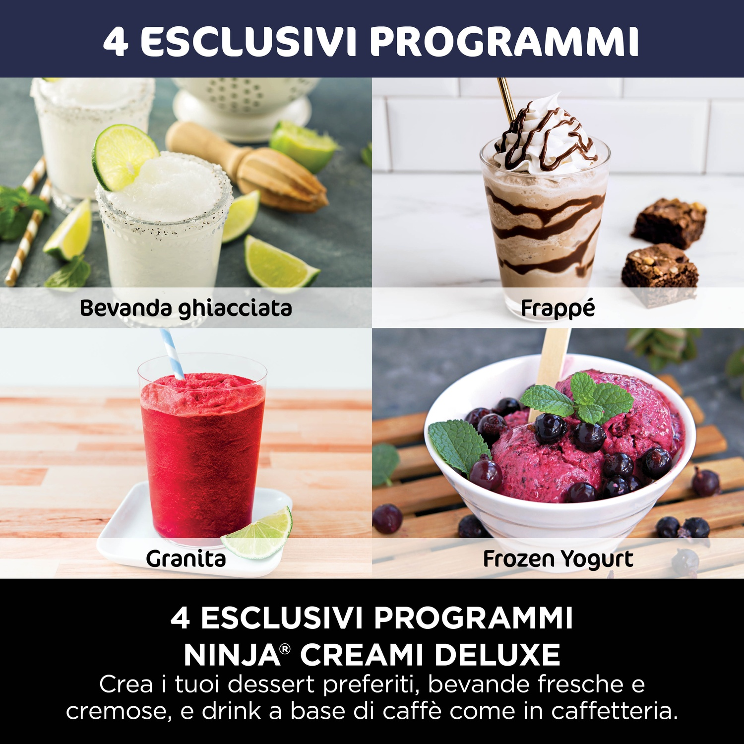 L'immagine mostra quattro dessert: bevanda ghiacciata con lime, frappè con brownies, granita rossa con lime e yogurt gelato con frutti di bosco.