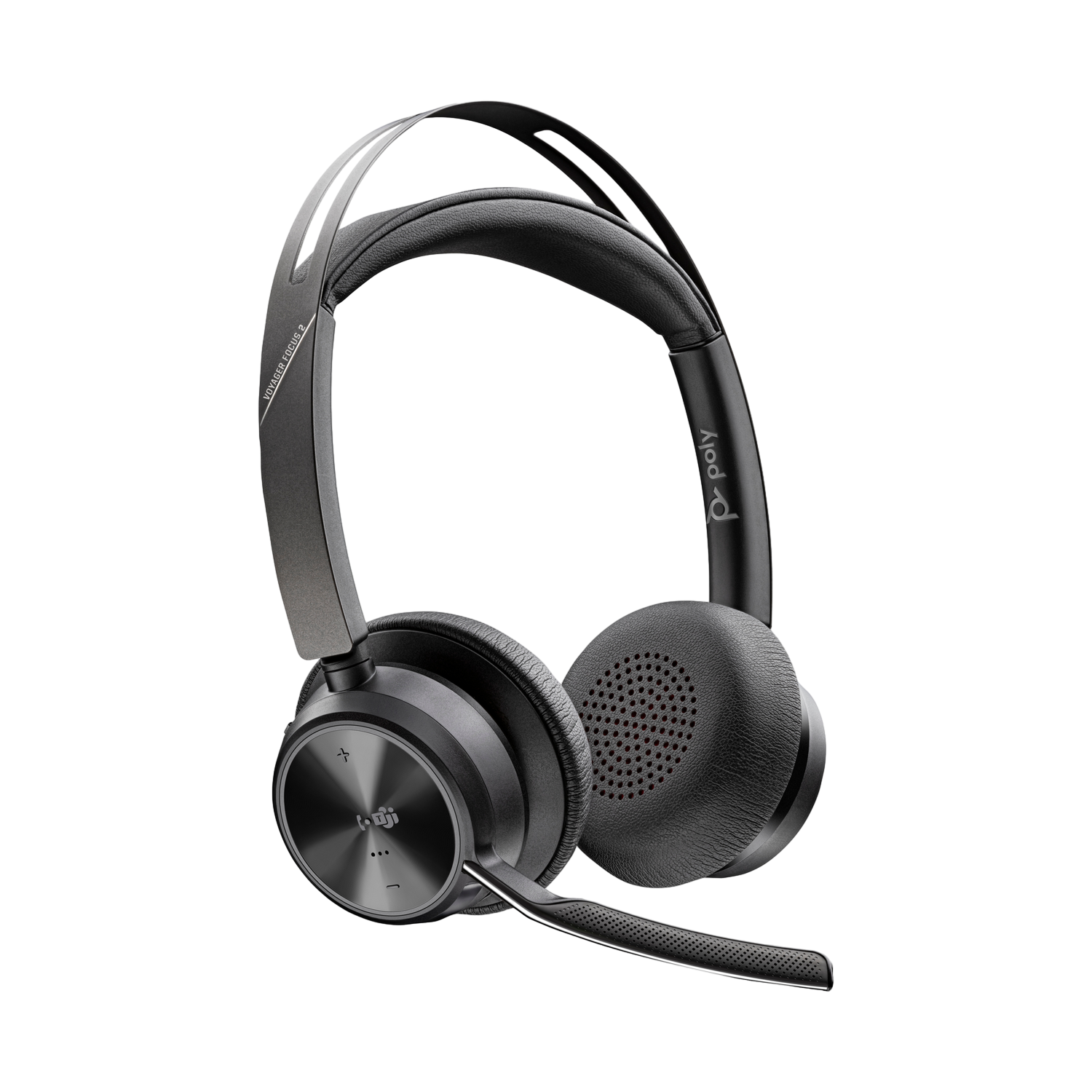 Zwarte Poly Voyager Focus 2 headset. Het heeft een microfoon, hoofdband en oorschelpen. De achtergrond is effen zwart.