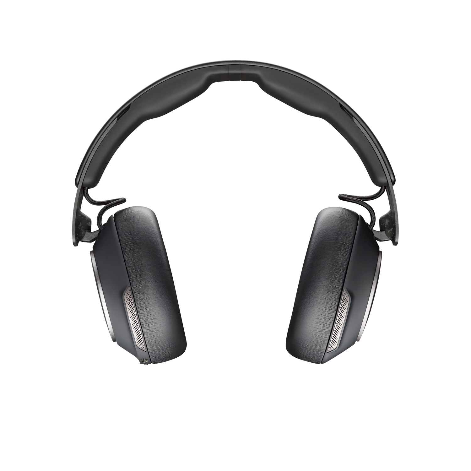 Over-ear headphones, black with silver accents, isolated on white background. The design features earcups and a padded headband.
