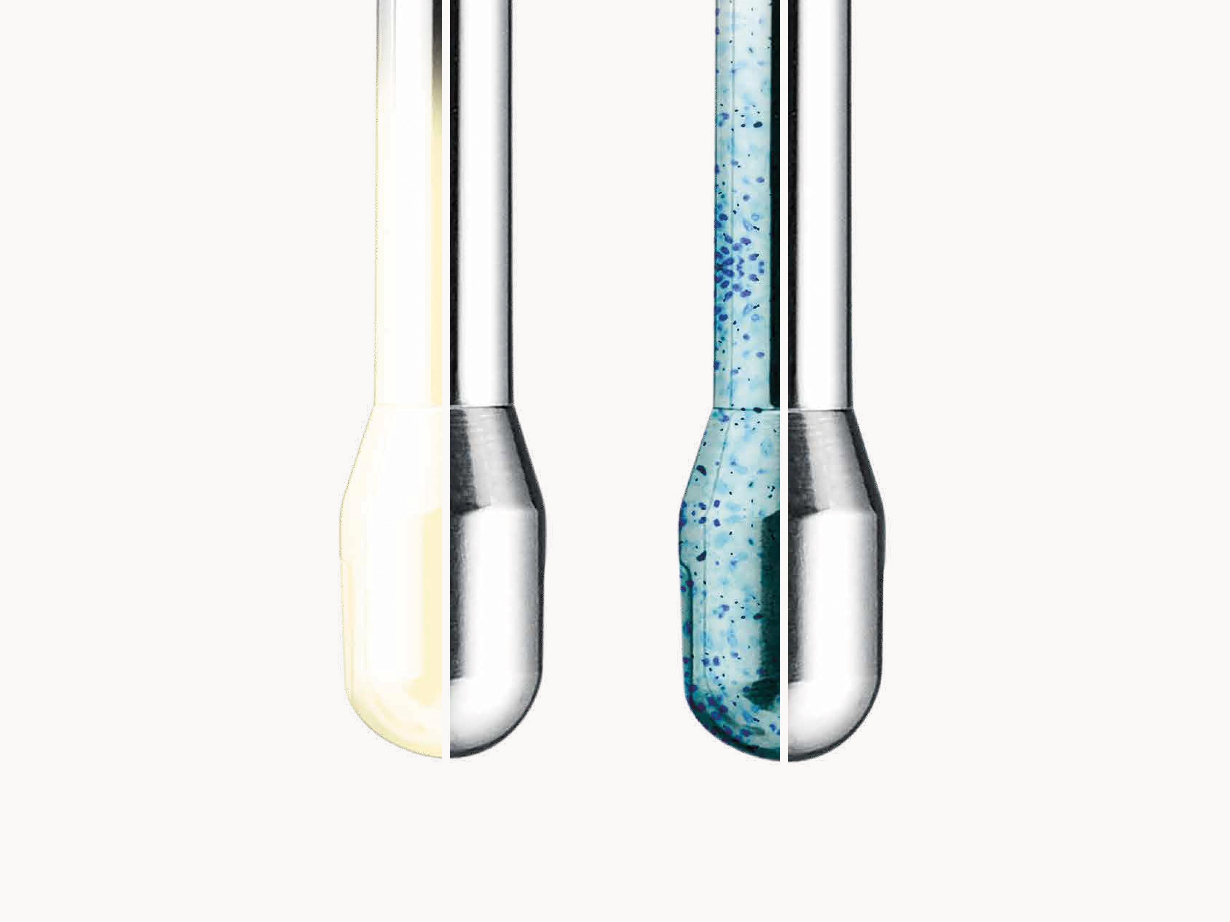 Zwei metallische, spiegelbildliche Objekte. Eines mit gelber Flüssigkeit, das andere mit blau gesprenkelter Flüssigkeit. Weißer Hintergrund.